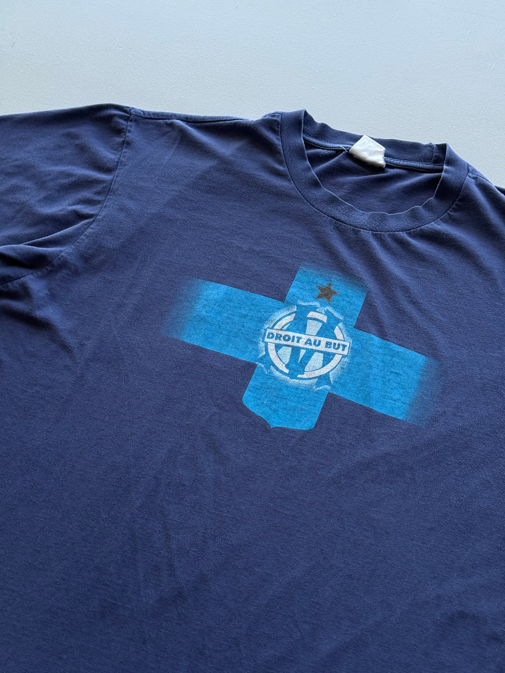 Navy Olympique de Marseille Droit Au But 90's Vintage Football Graphic T-Shirt -