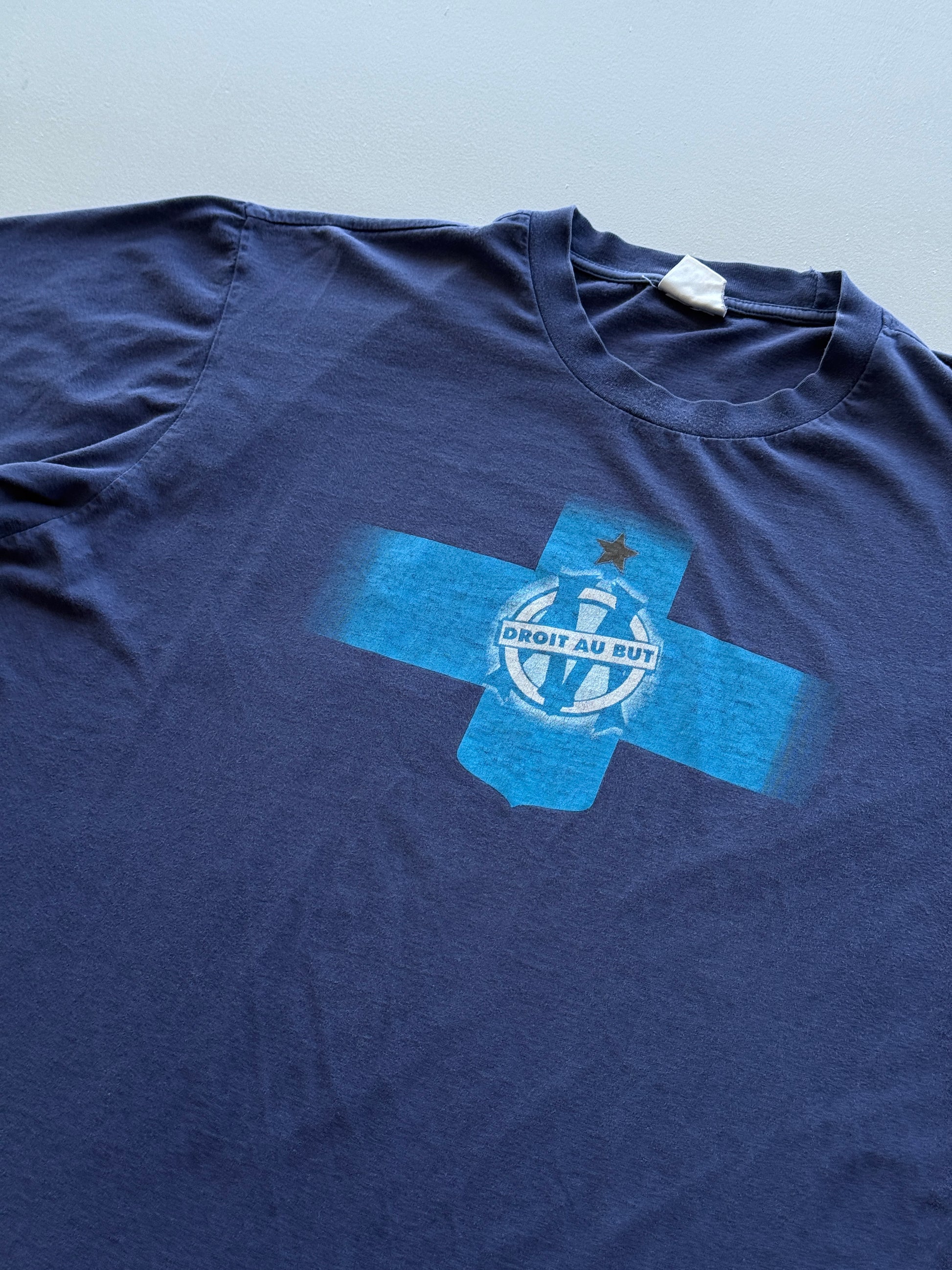 Navy Olympique de Marseille Droit Au But 90's Vintage Football Graphic T-Shirt -