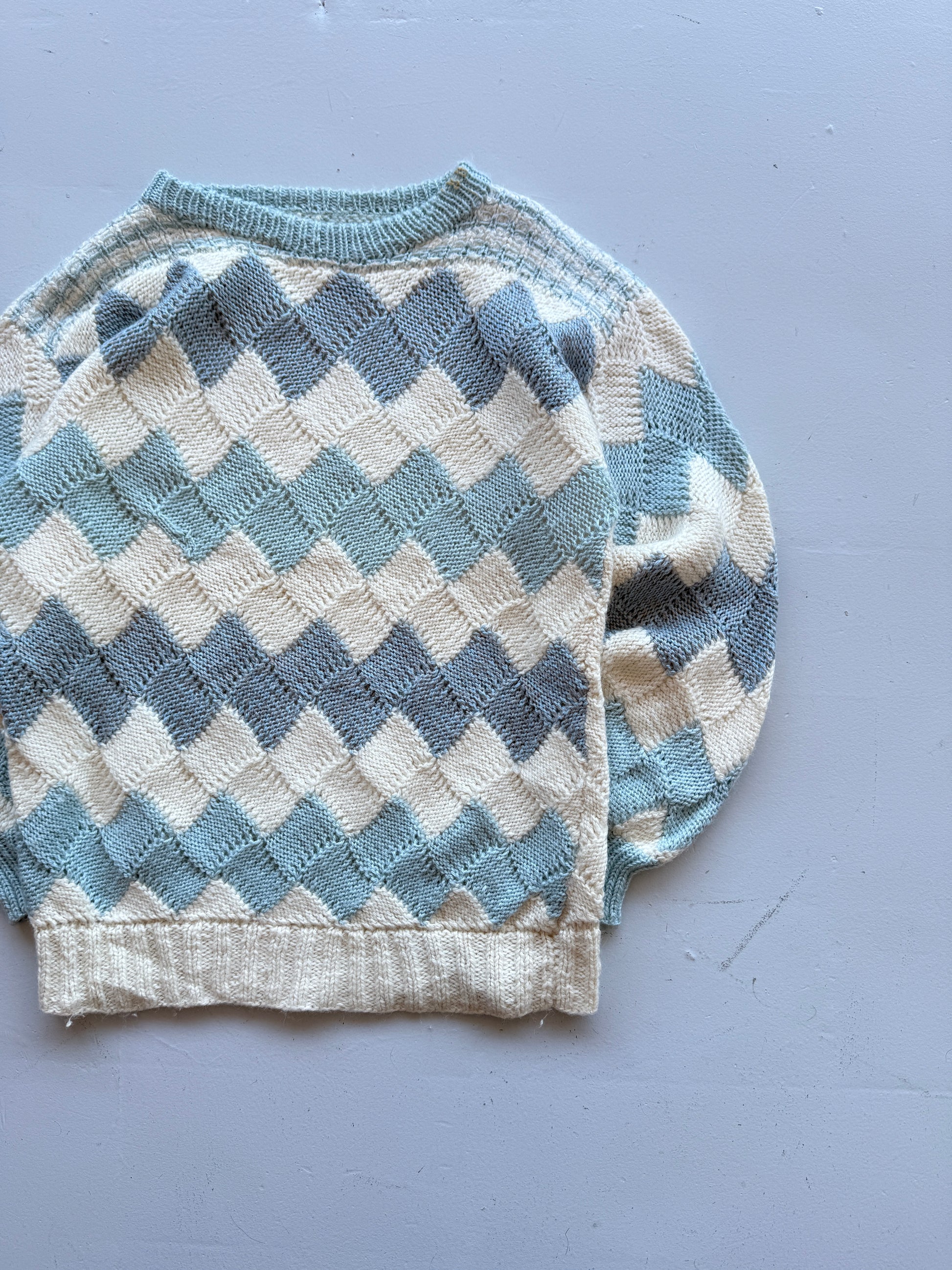 Cream Blue Argyle Knitted Vintage 90's Jumper - Medium