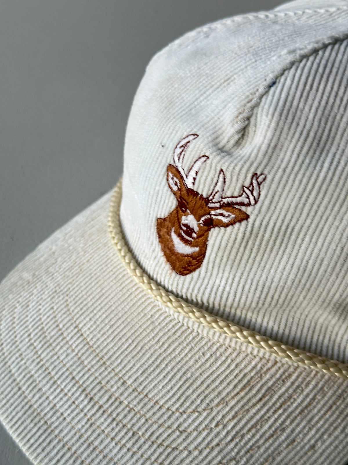 Cream Deer Stag Corduroy 80's Vintage SnapBack Trucker Cap