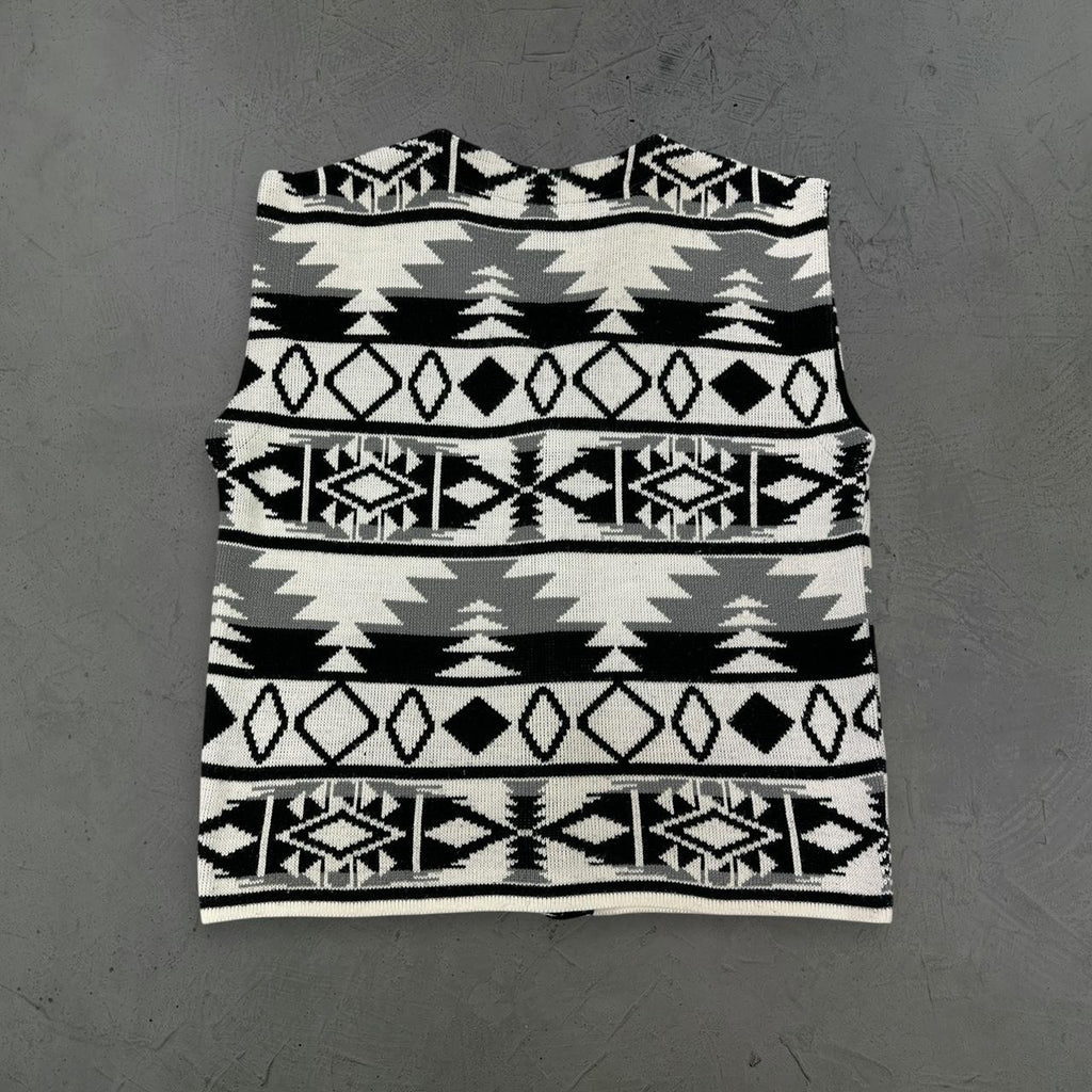 White Knitted Patterned Vintage 90s Sweater Vest - Large