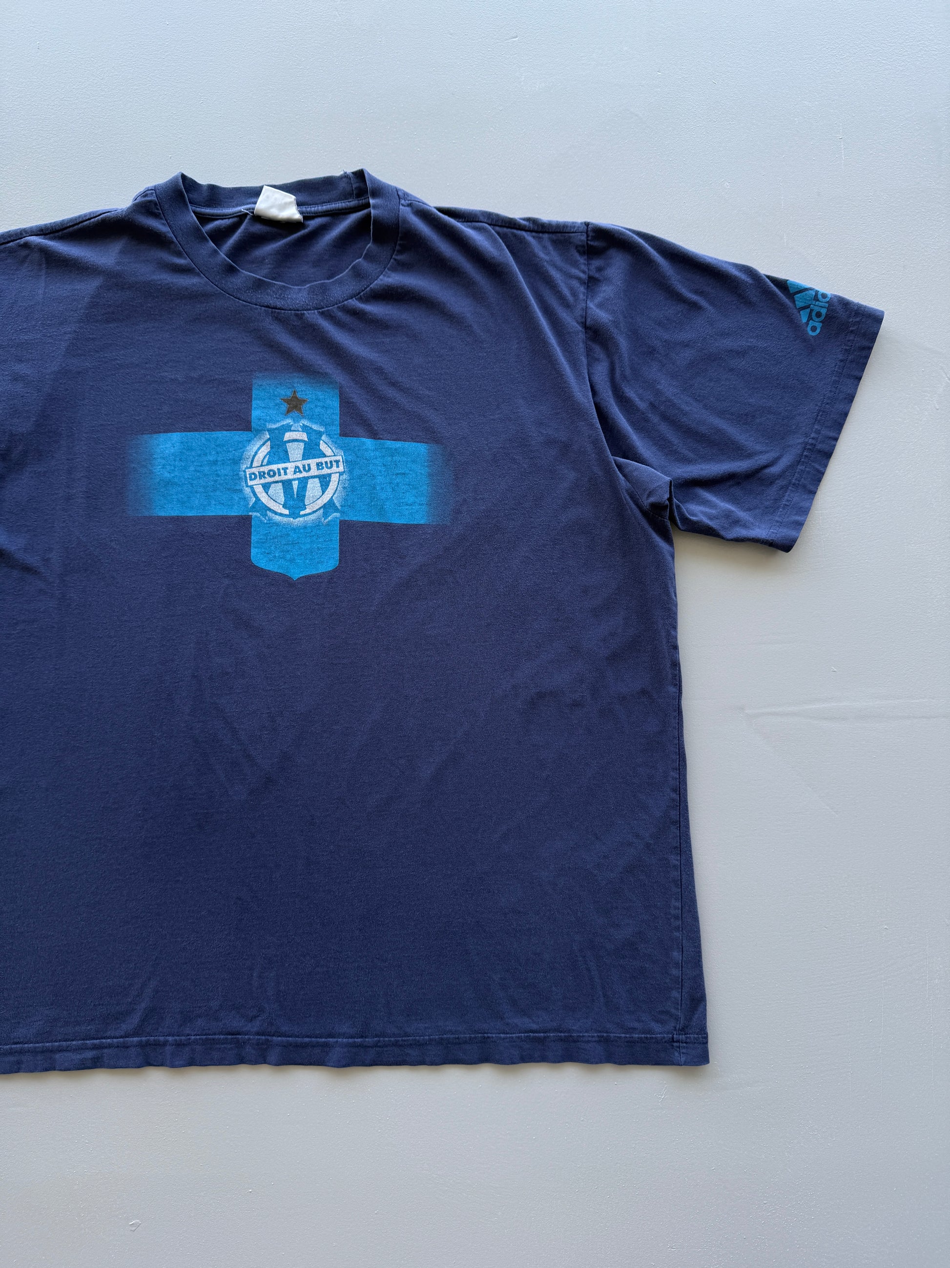 Navy Olympique de Marseille Droit Au But 90's Vintage Football Graphic T-Shirt -
