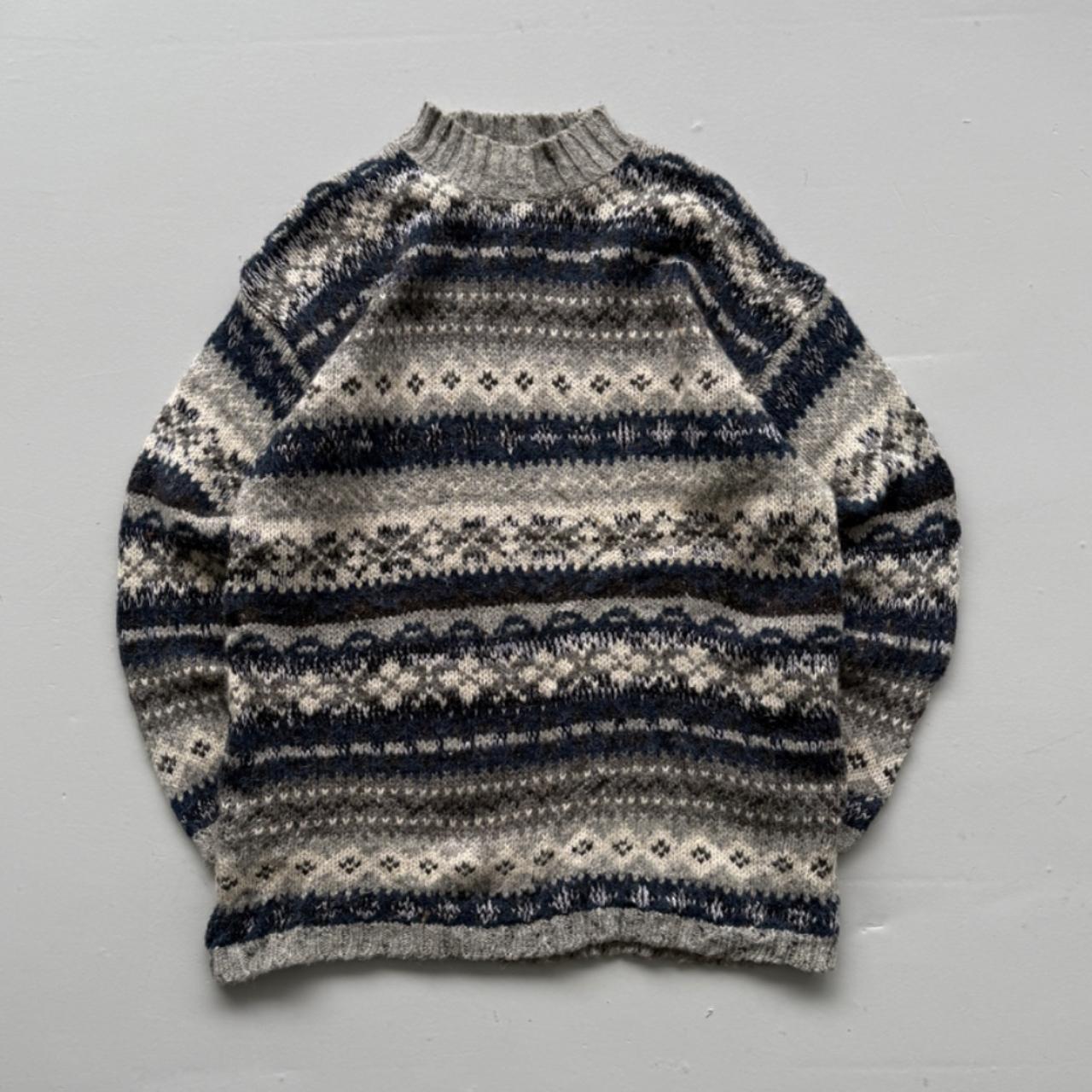 Blue Stripe Knitted 90s Vintage Knit Mock Neck Jumper - Medium