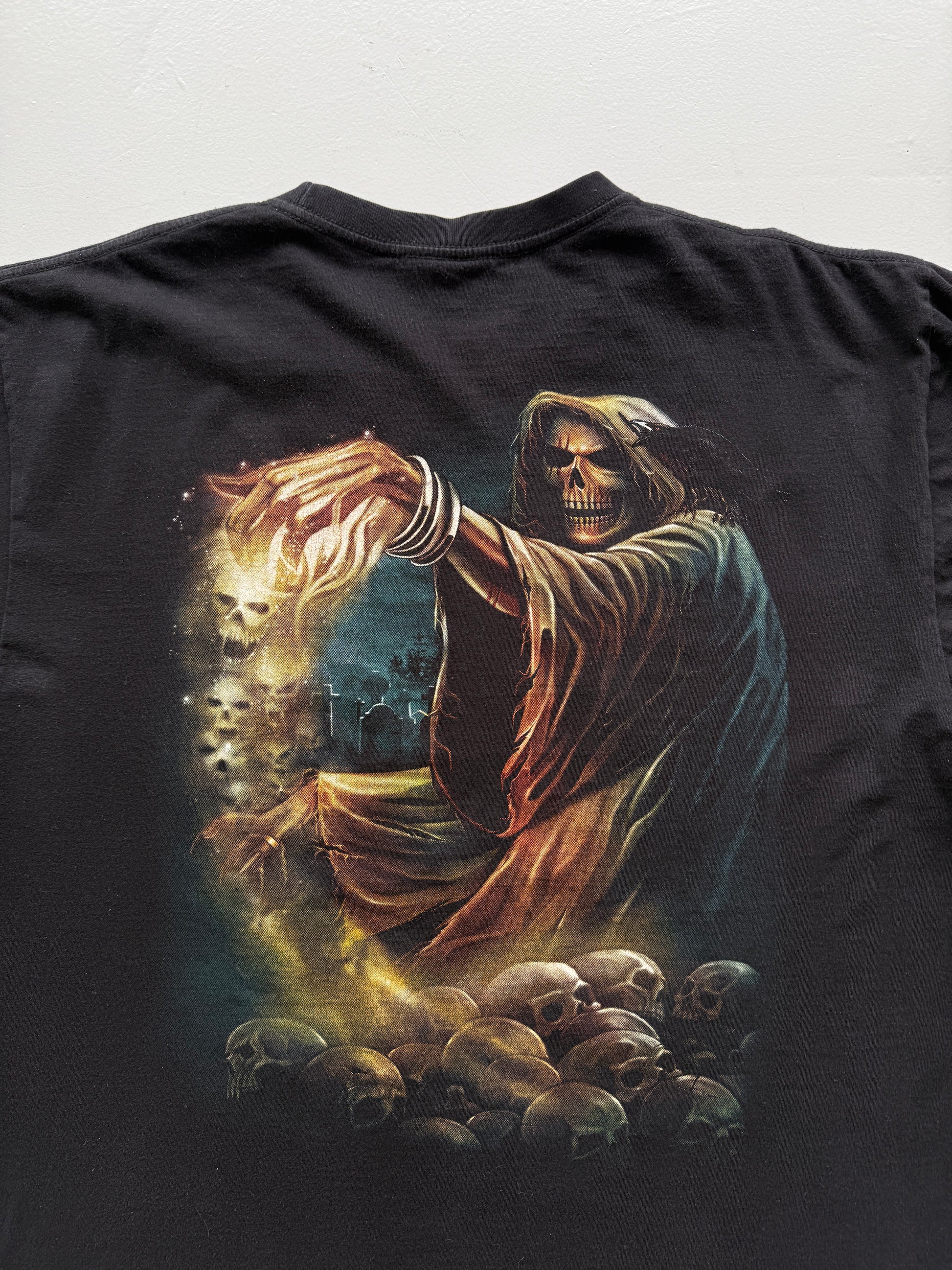 Black Grim Reaper 00's Vintage Y2K Graphic Metal T-Shirt - Large