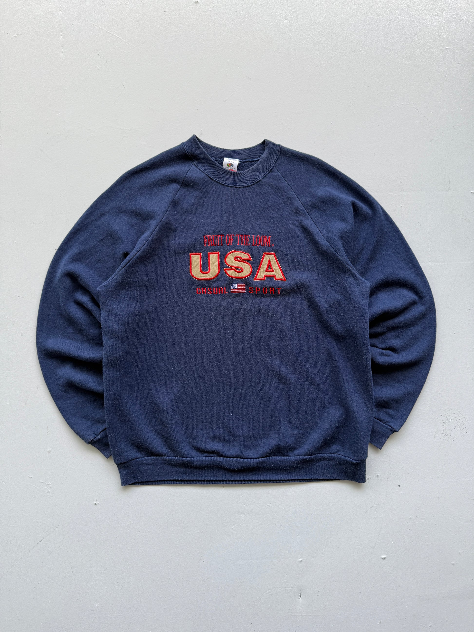 Navy Blue Fruit of the Loom 90's Vintage USA Graphic Sweatshirt Jumper - Large