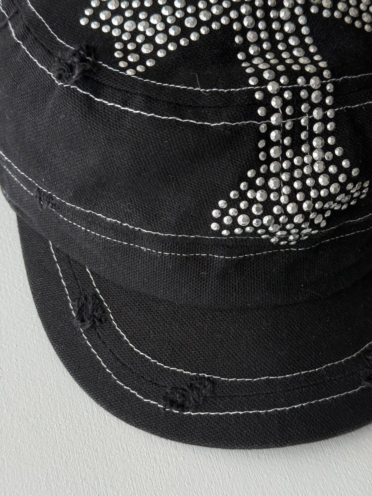 Black Studded Crucifix Y2K Cadet Cap Military Style 00's Grunge Aesthetic