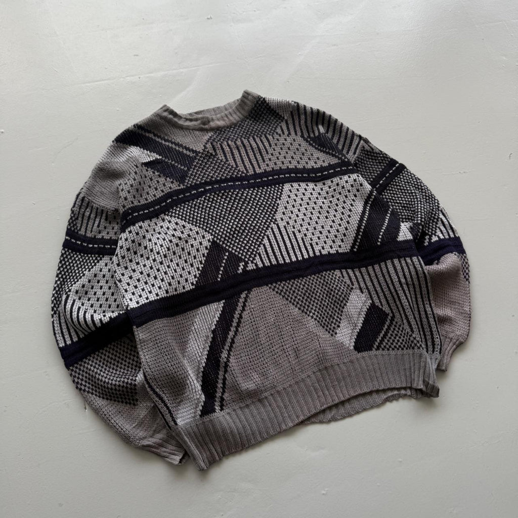 Grey Black Patterned 90's Vintage Woollen Knit Jumper - XL