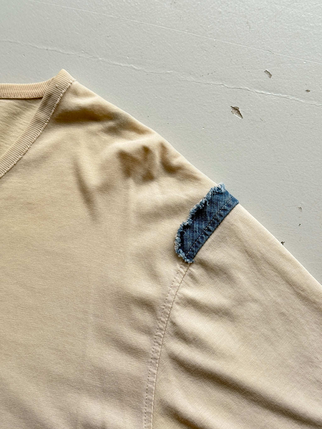 Beige Kenzo Y2K Denim Embroidered V-Neck T-Shirt 00's Vintage