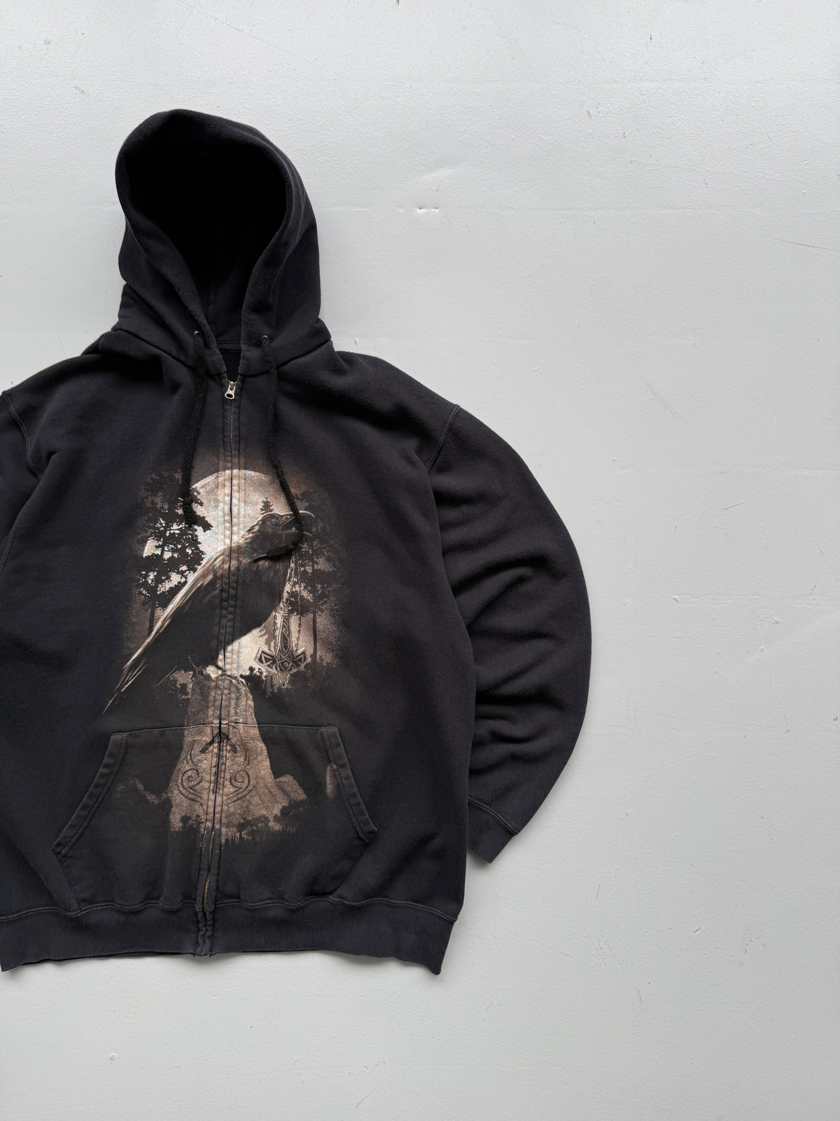 Black Gothic Raven Y2K Vintage Zip-Up Graphic Hoodie - XL