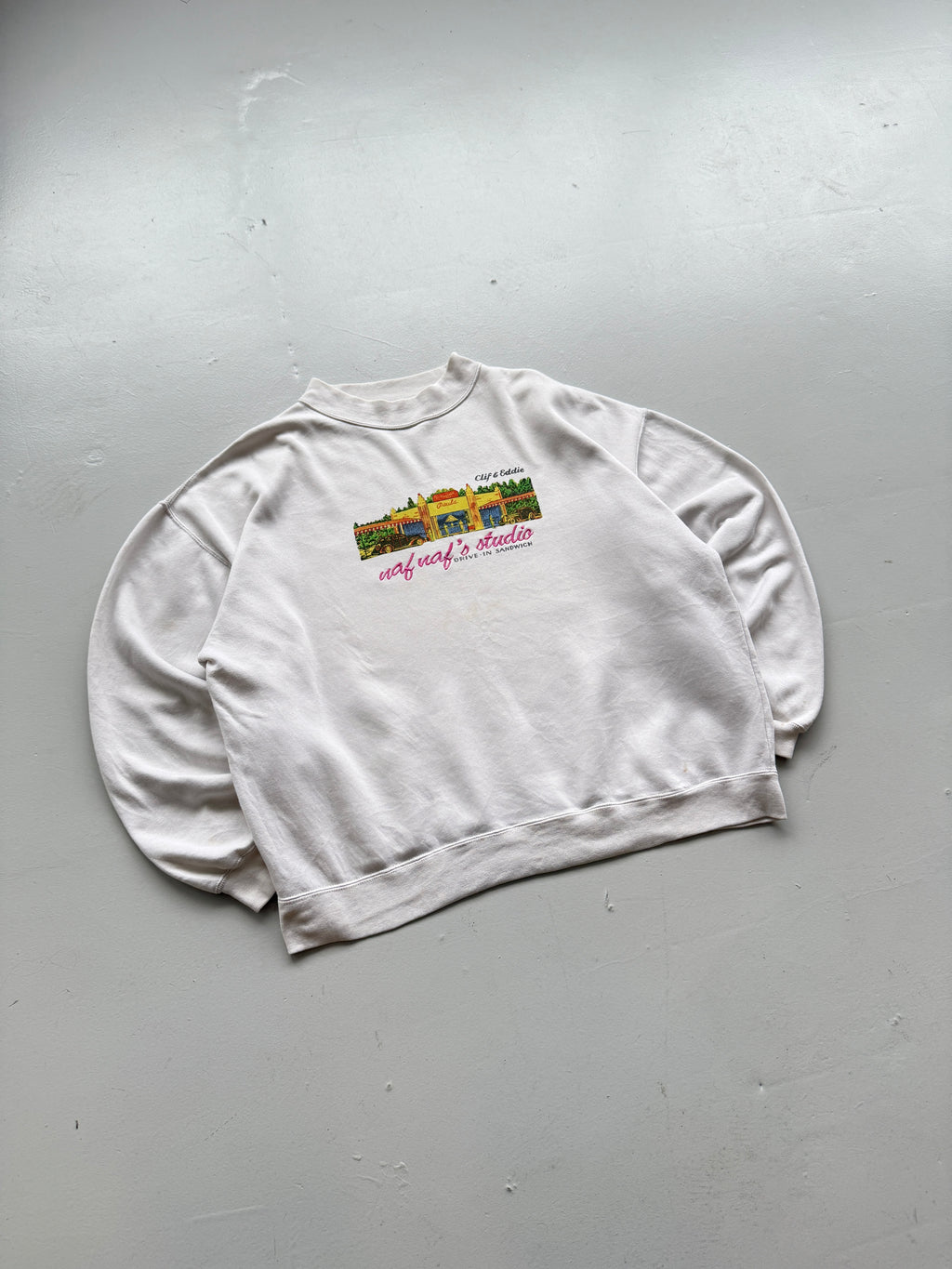 White Naf Naf 90's Vintage Graphic Sweatshirt Jumper - Large