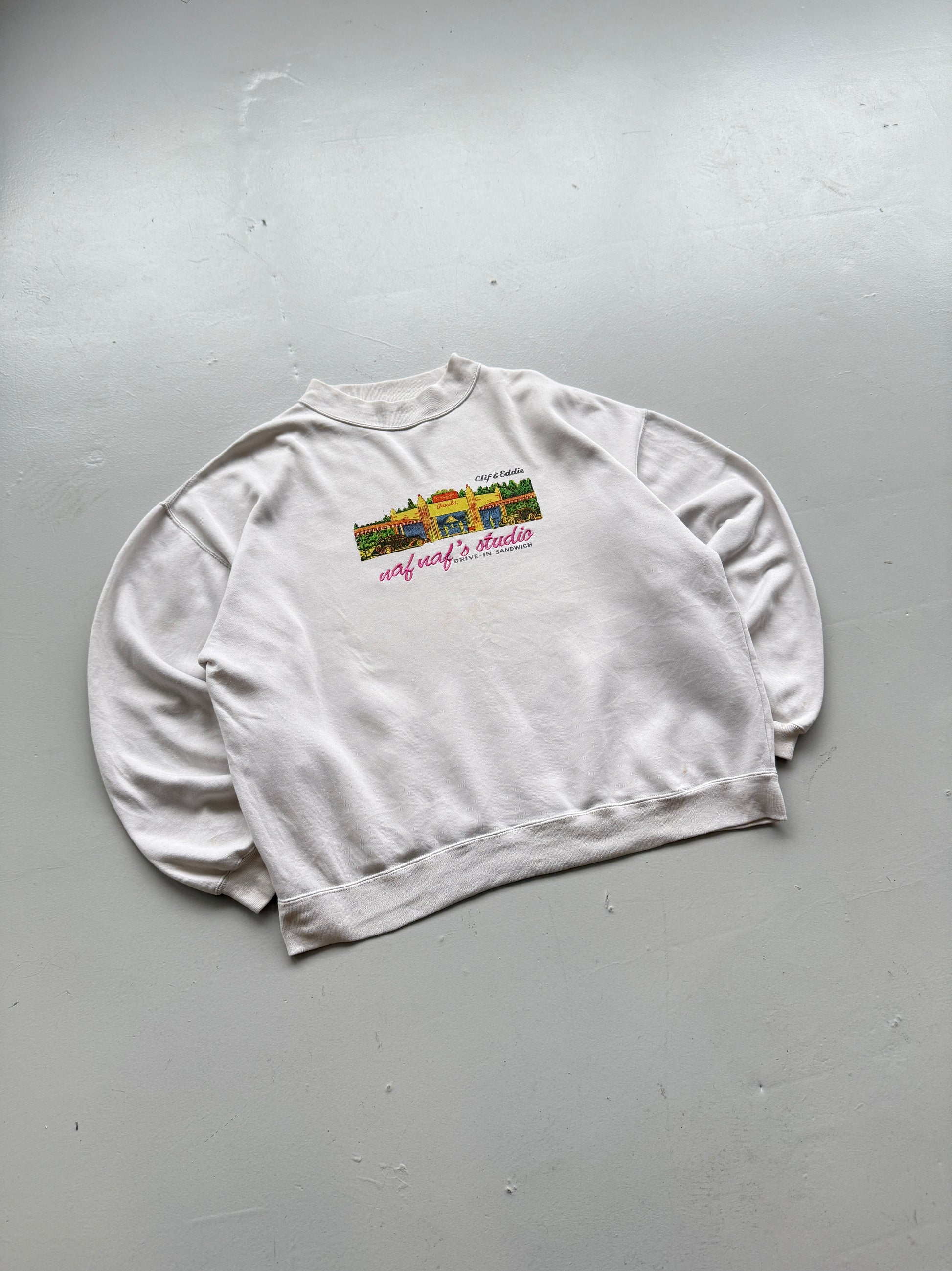 White Naf Naf 90's Vintage Graphic Sweatshirt Jumper - Large