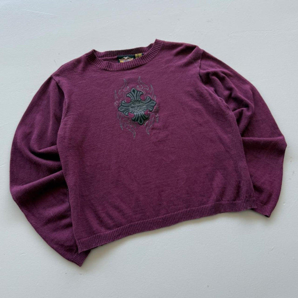 Purple Harley Davidson 00's Y2K Knit Cropped Jumper - Womens Large