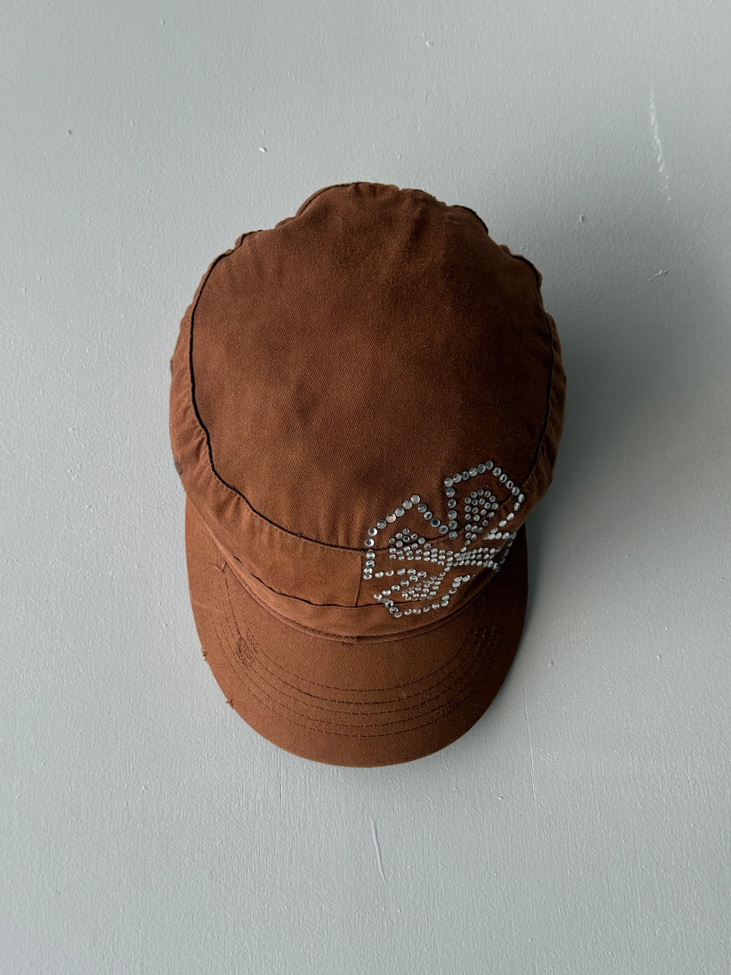 Brown Cross Studded Surf Y2K Cadet Cap Military Style 00's Grunge Aesthetic