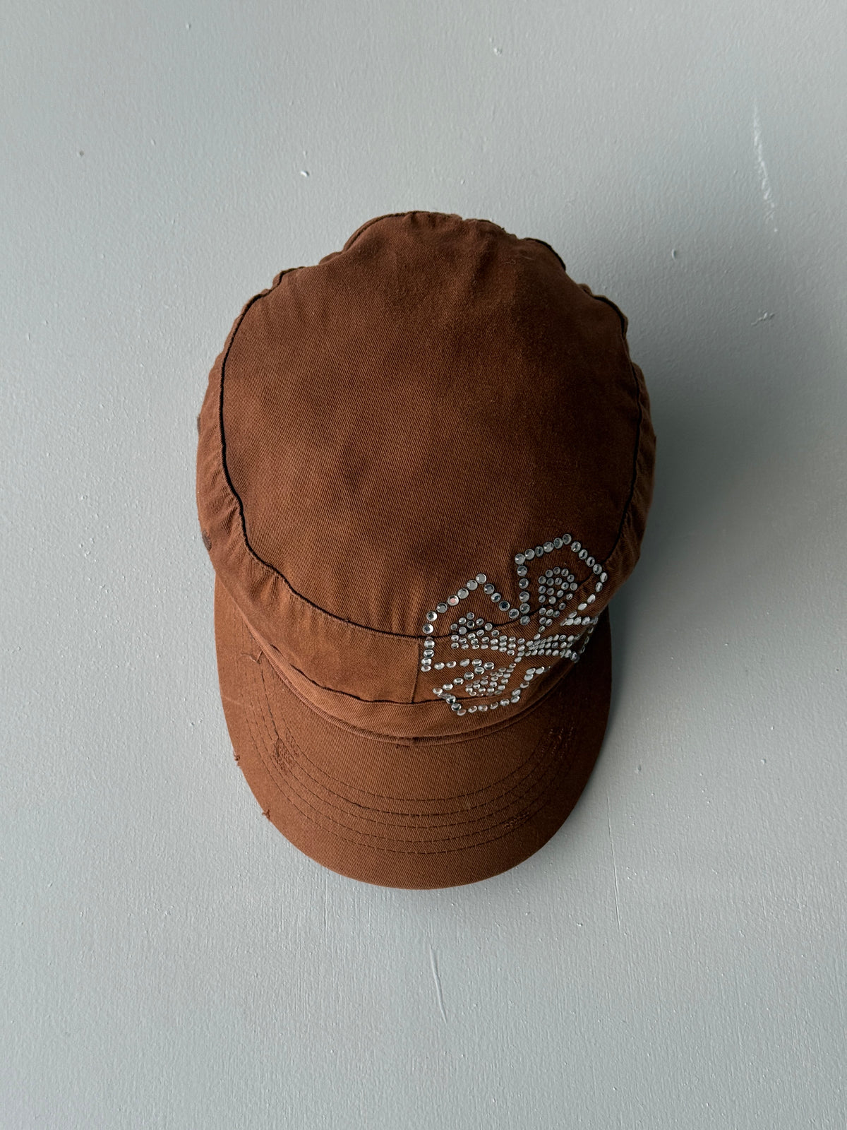 Brown Cross Studded Surf Y2K Cadet Cap Military Style 00's Grunge Aesthetic