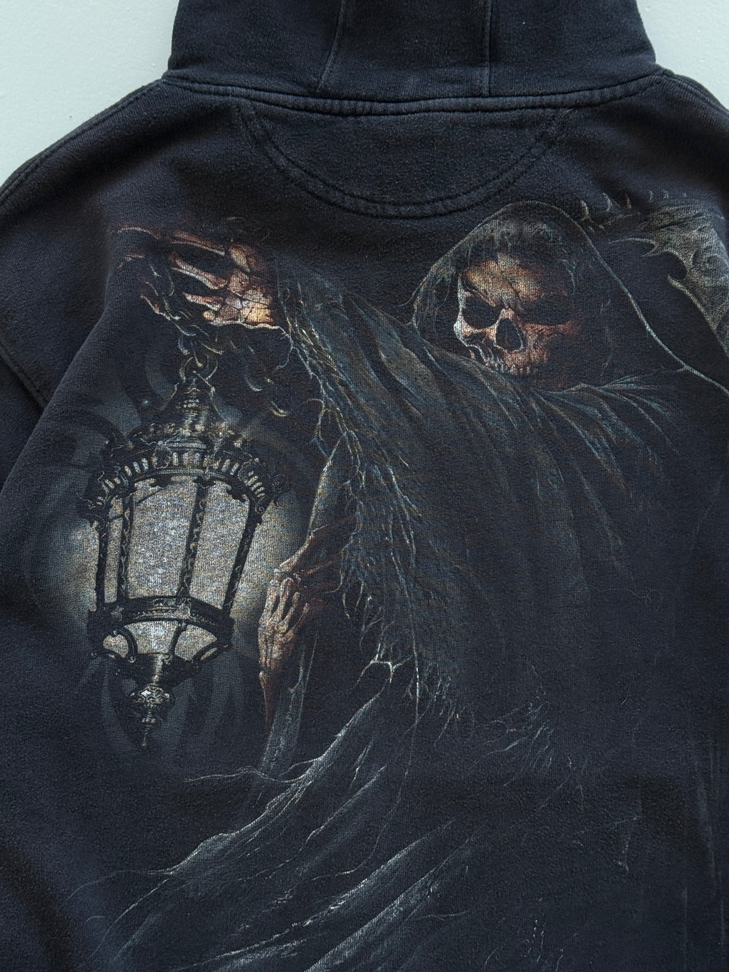Black Spiral 00's Vintage Y2K Gothic Grim Reaper Graphic Hoodie - Small