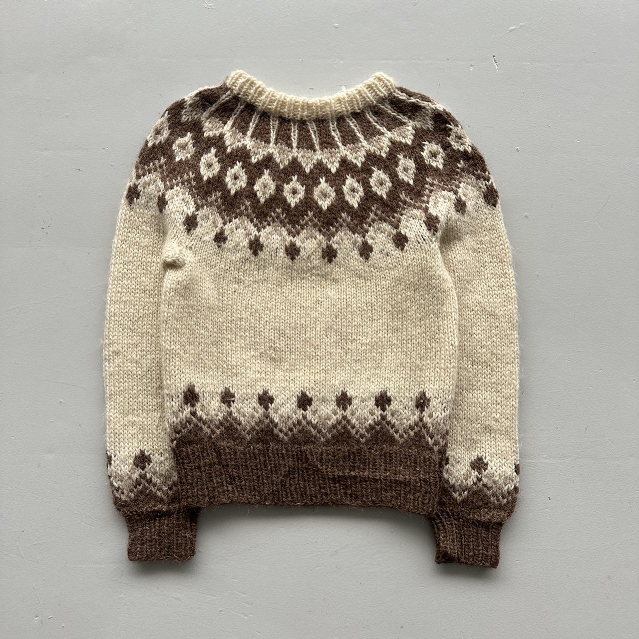 Cream Brown Patterned Hand Knit Vintage Woollen Jumper - Large 10/12