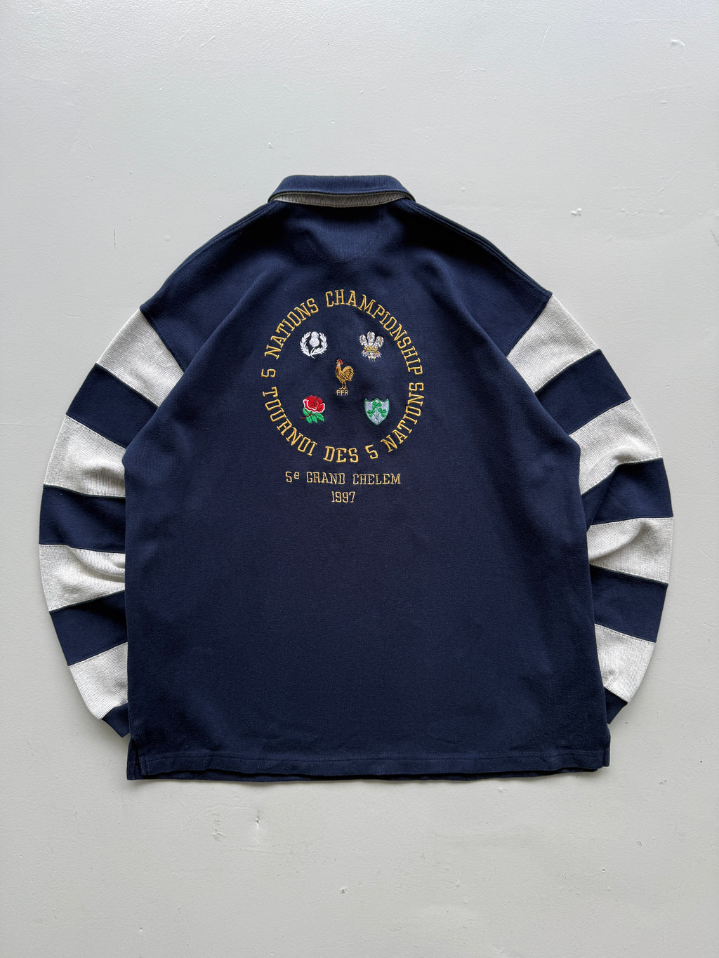Navy Blue Five Nations 90's Vintage Long Sleeve Rugby Polo Jersey - XL