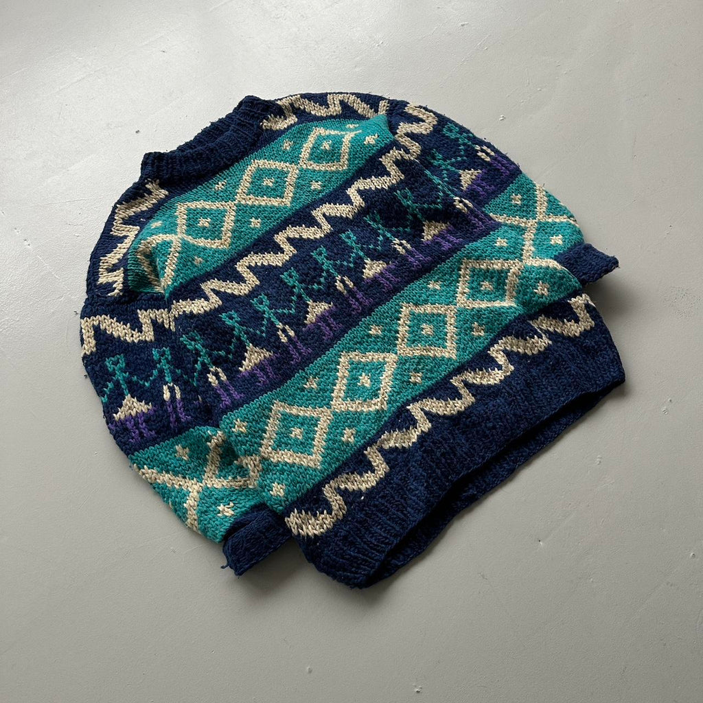 Blue Ecuadorian 80s Chunky Knit Jumper - Large