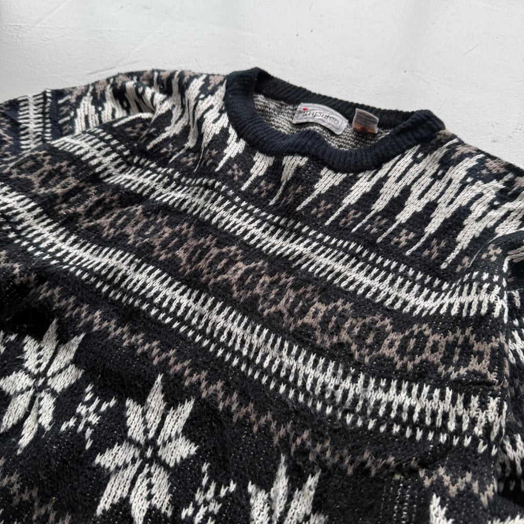 Black Striped 90's Vintage Christmas Pattern Knit Jumper - Medium