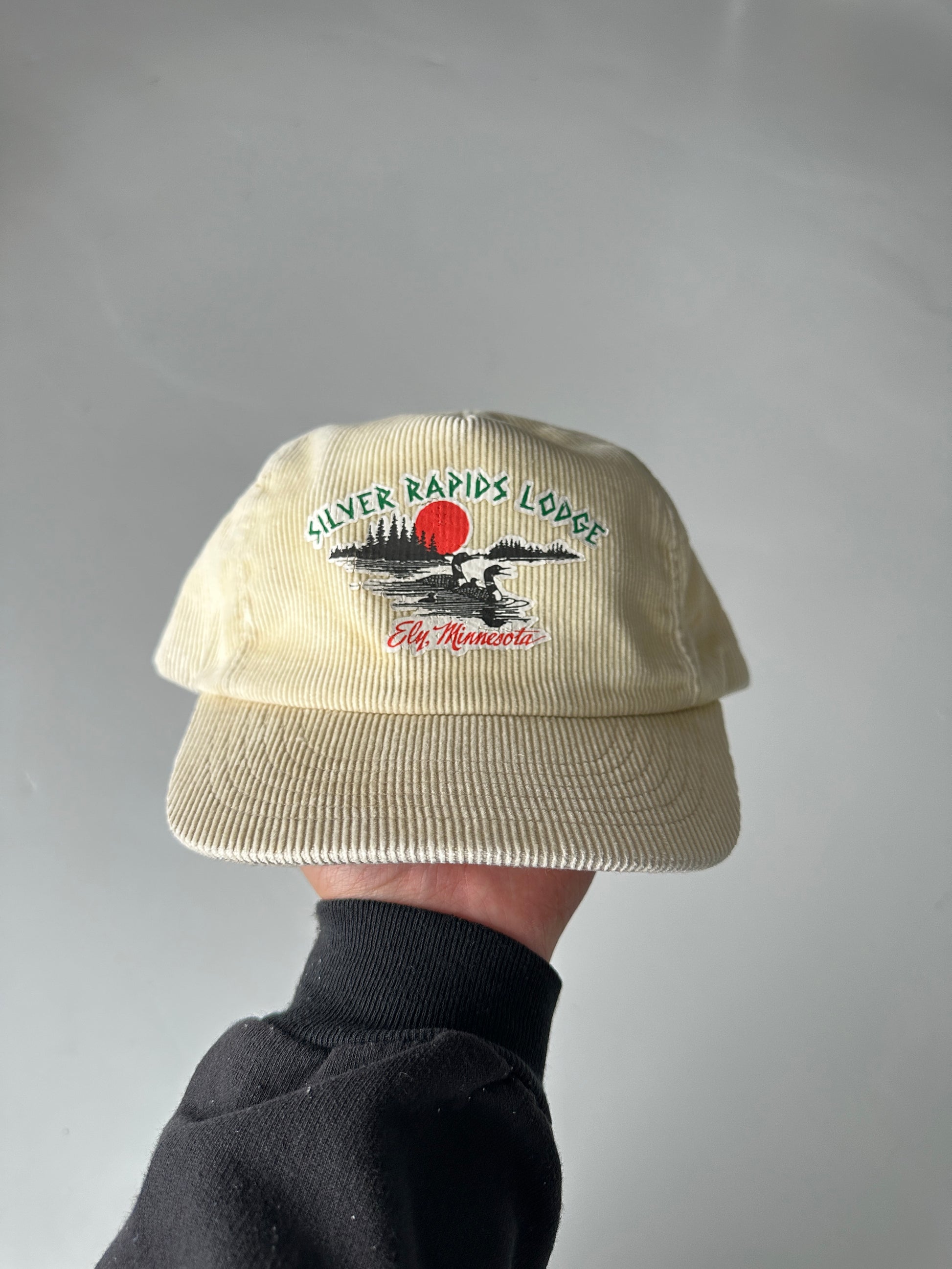Cream Silver Rapids Lodge 90's Vintage Corduroy SnapBack Trucker Cap