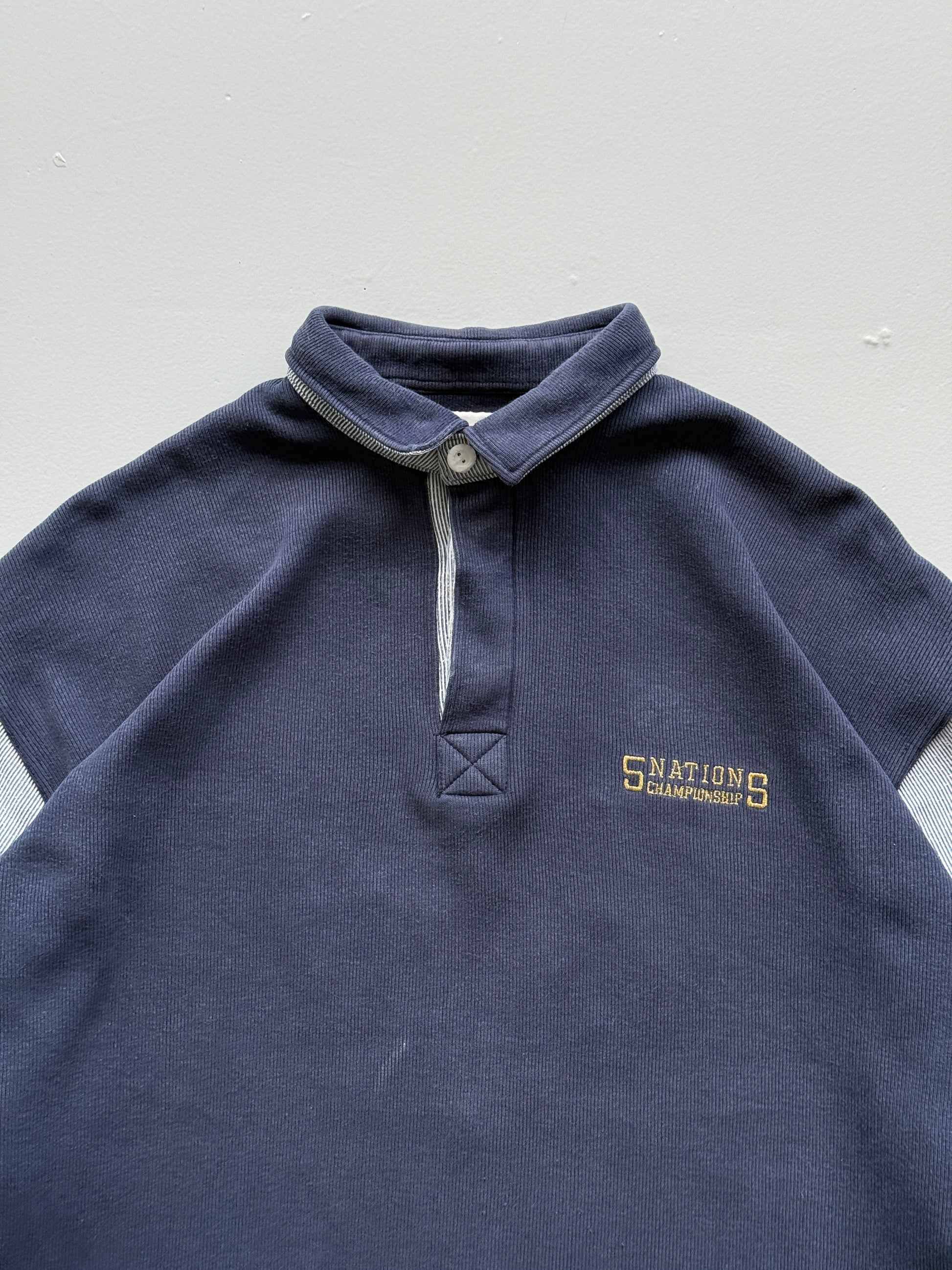 Navy Blue Five Nations 90's Vintage Long Sleeve Rugby Polo Jersey - XL