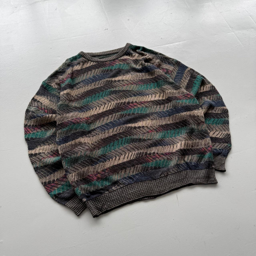 Green Blue Striped Knitted 80s Vintage 3D Knit Jumper - XXL