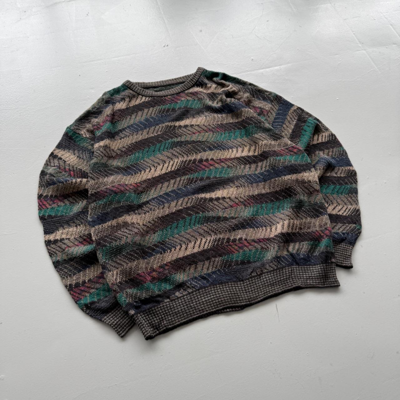 Green Blue Striped Knitted 80s Vintage 3D Knit Jumper - XXL