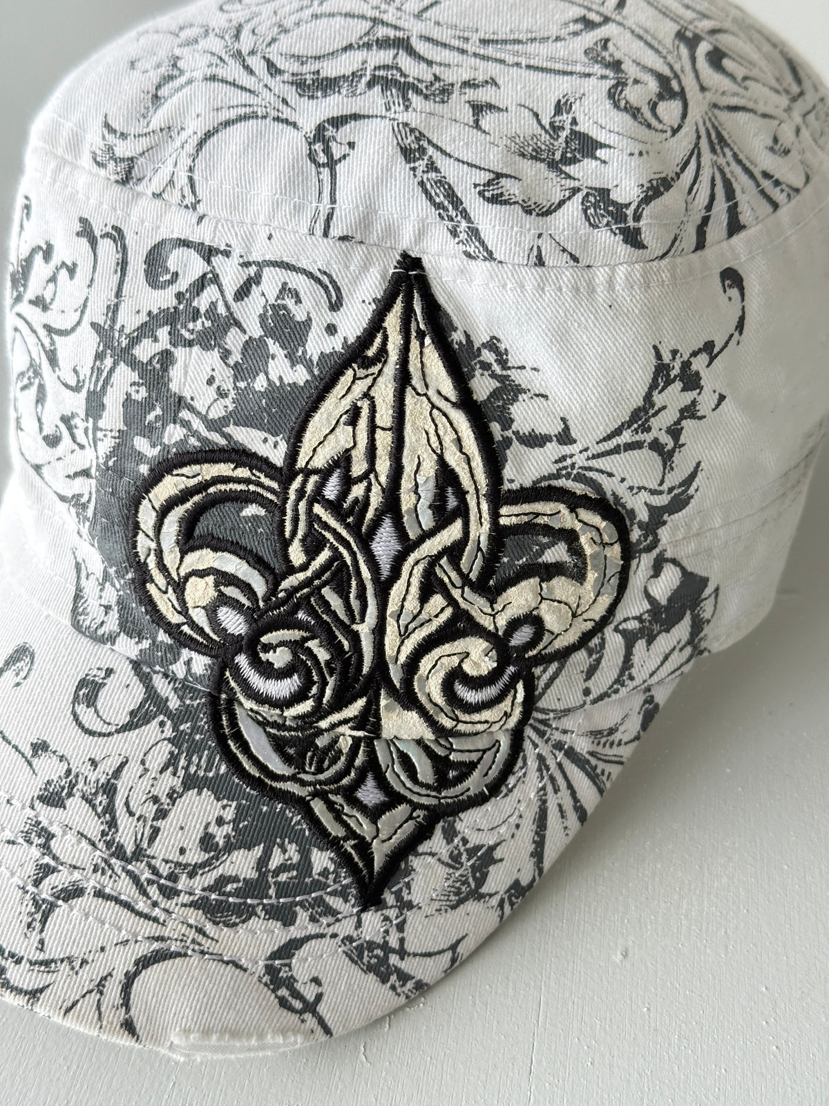 White Fleur-De-Lis Y2K Cadet Cap Military Style 00's Grunge Aesthetic