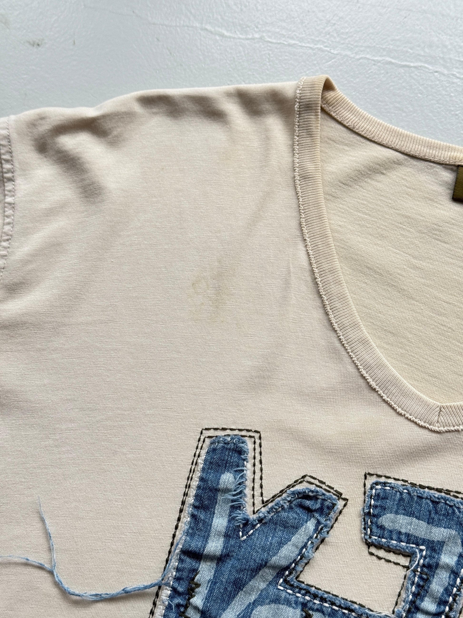 Beige Kenzo Y2K Denim Embroidered V-Neck T-Shirt 00's Vintage