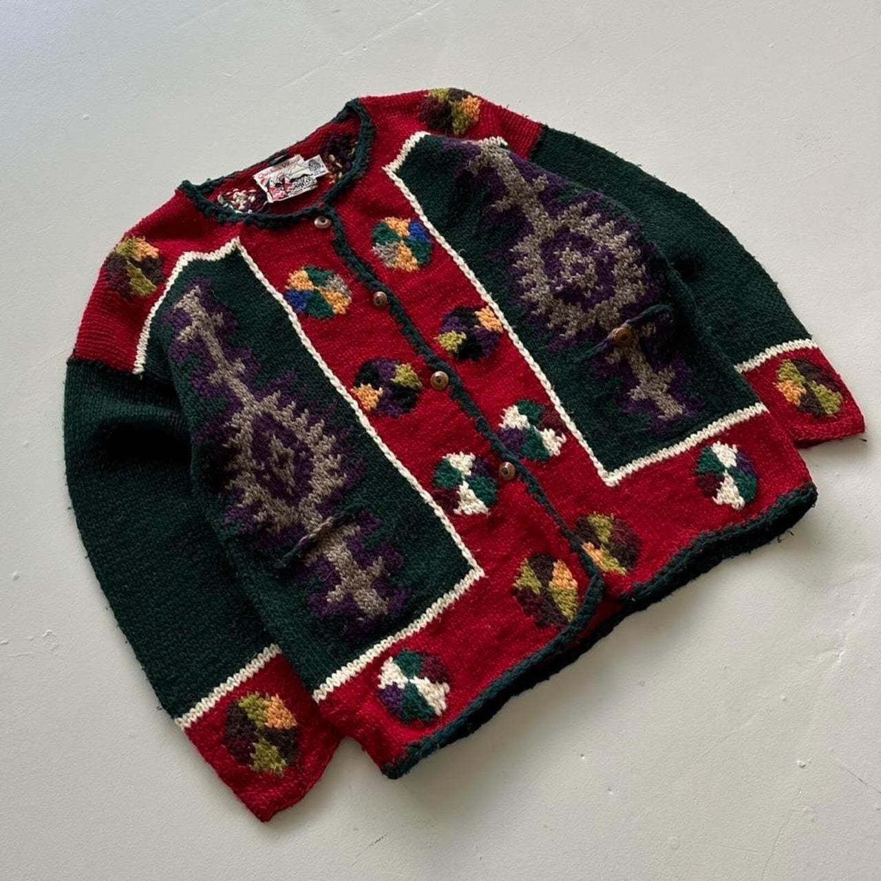 Multicoloured 80s Vintage Quichua Village Woollen Ecuadorian Cardigan - Large