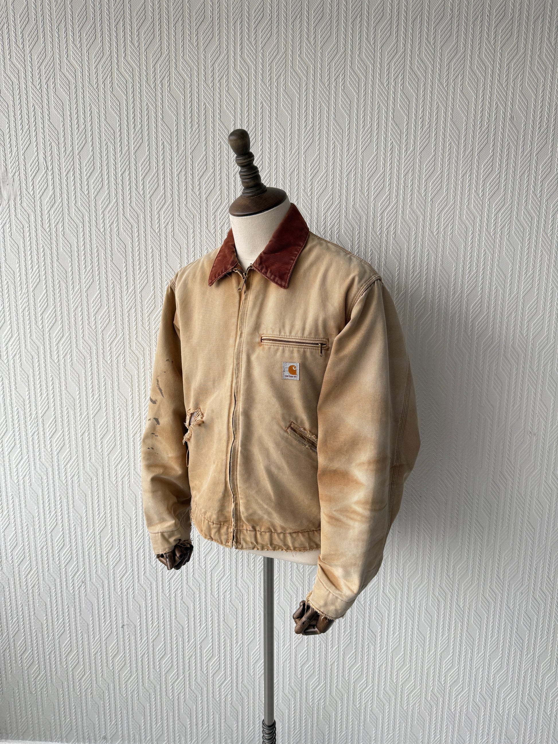 Faded Cream Carhartt 90's Vintage Thrashed  Detroit Jacket - Large