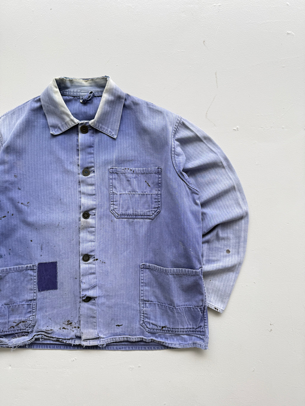 Thrashed Blue Herringbone 60's French Vintage Workwear Chore Jacket CH382 - Smal