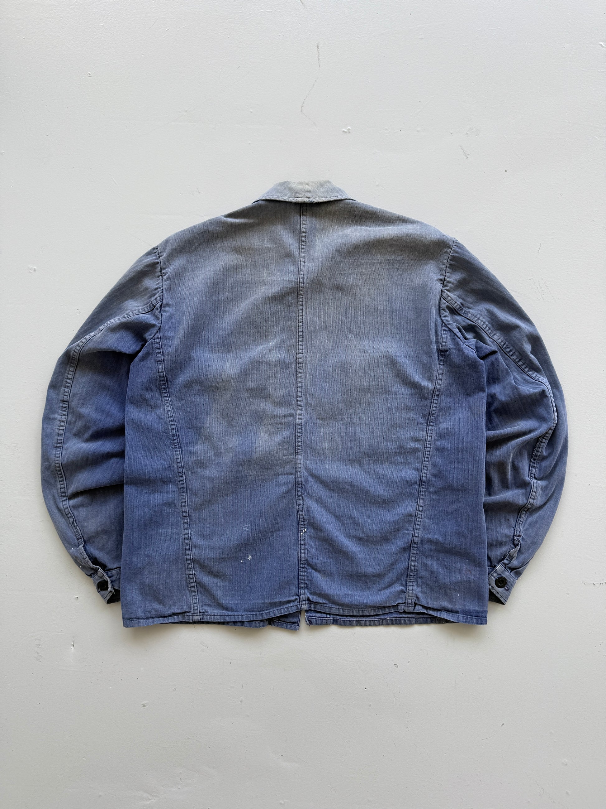 Thrashed Blue Herringbone French Vintage Workwear Chore Jacket CH368 - Small