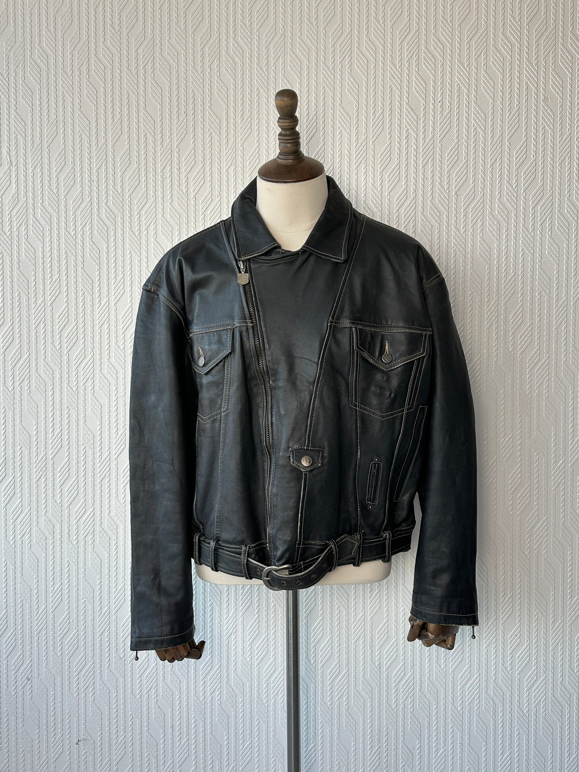 Black Nickleson Leather Vintage 90's Biker Jacket - Large