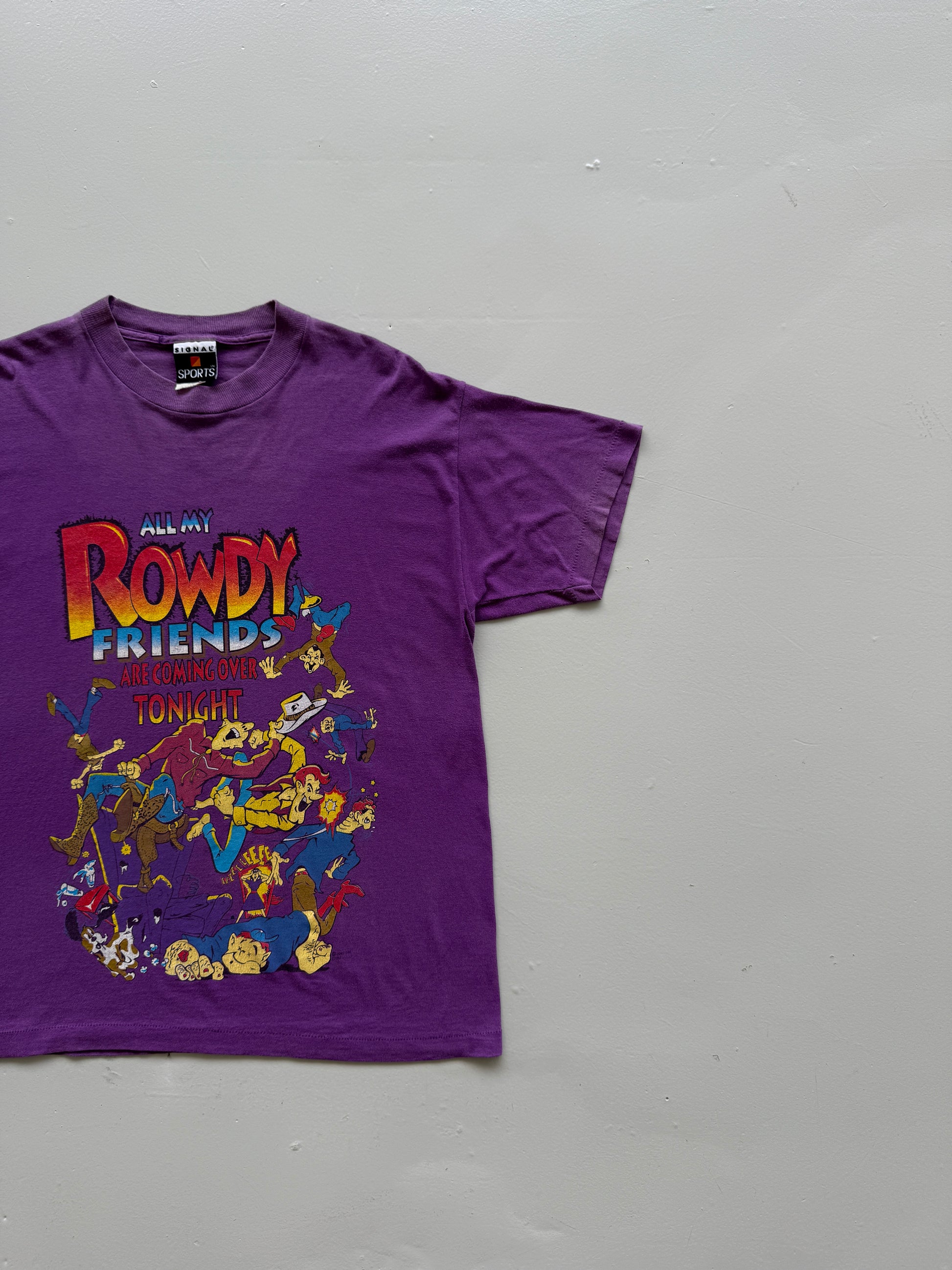 Purple Rowdy Friends 90's Vintage Single Stitch Slogan Graphic T-Shirt - Large