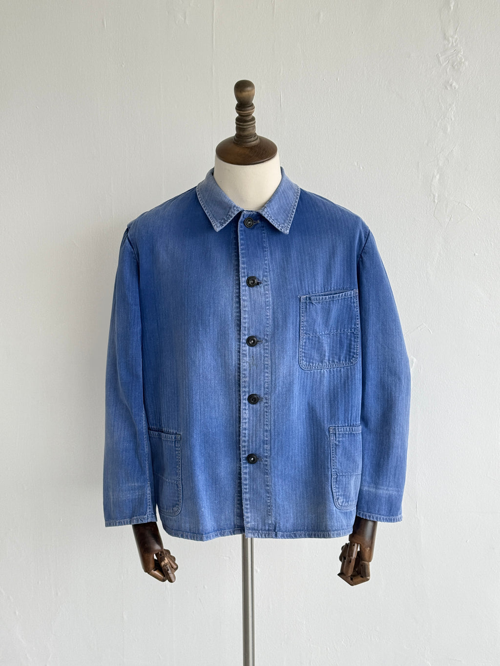 Faded Blue Herringbone French Vintage Workwear Chore Jacket CH385 - Medium