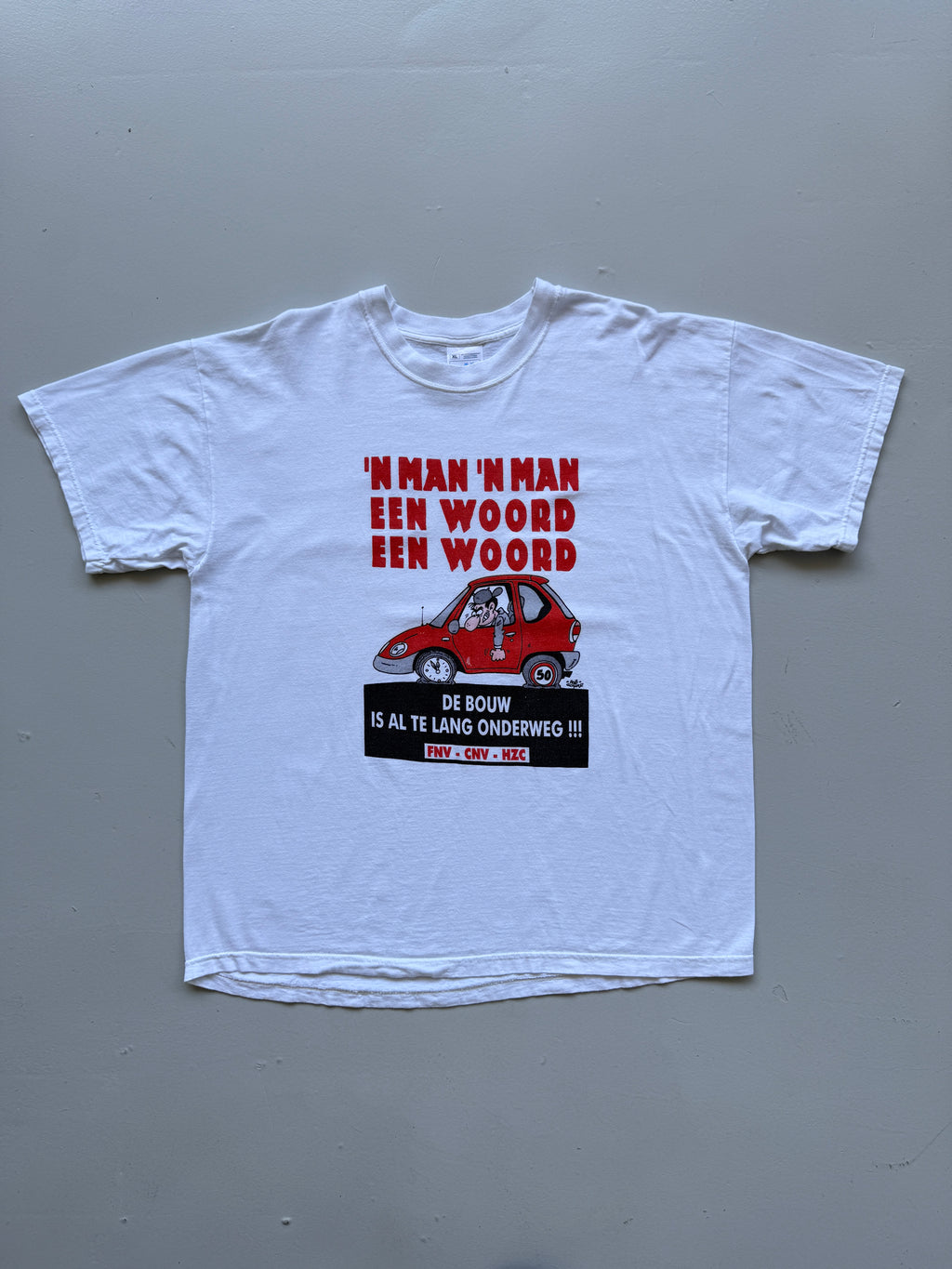 White Dutch Union FNV CNV HZC Car Cartoon 90's Vintage Graphic T-Shirt - XL