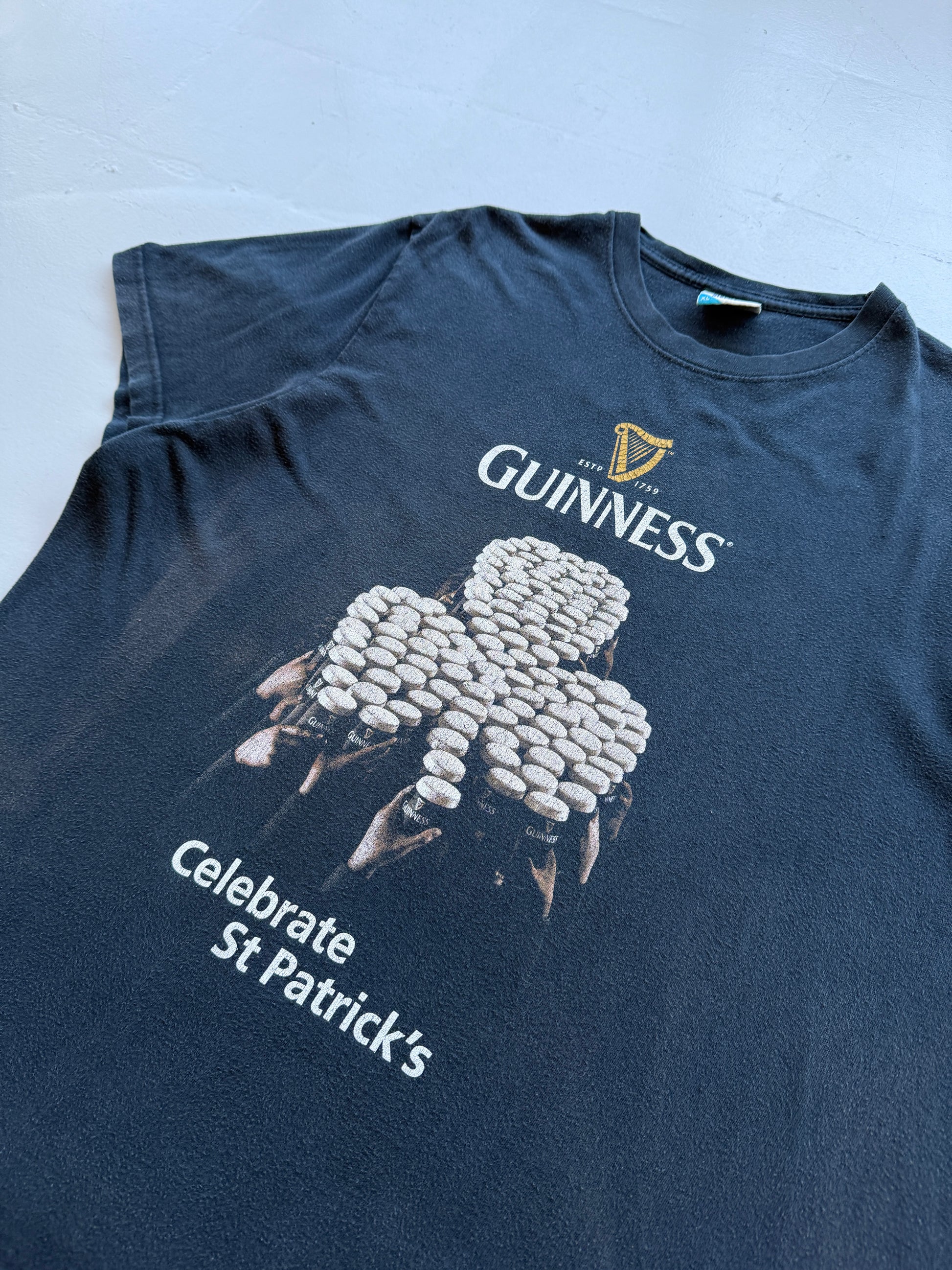 Faded Black Guinness 00's Vintage St Patricks Day Graphic T-Shirt- XL