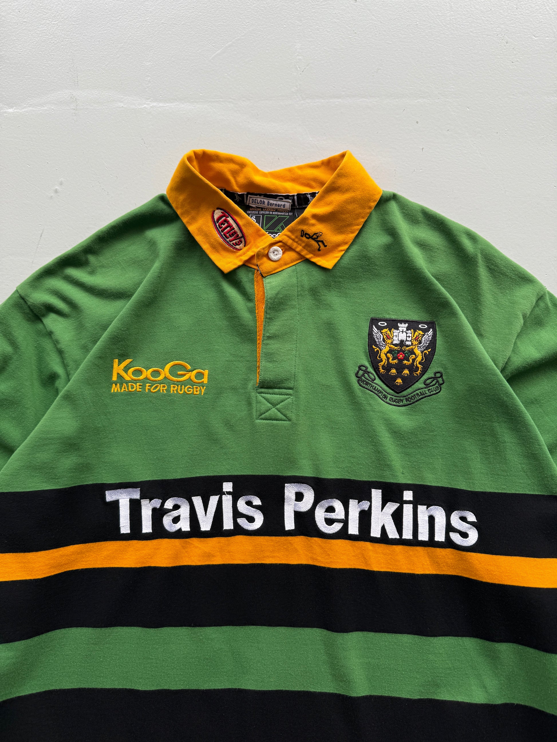 Green Striped Northampton Saints Rugby 00's Vintage Long Sleeve Jersey - XL