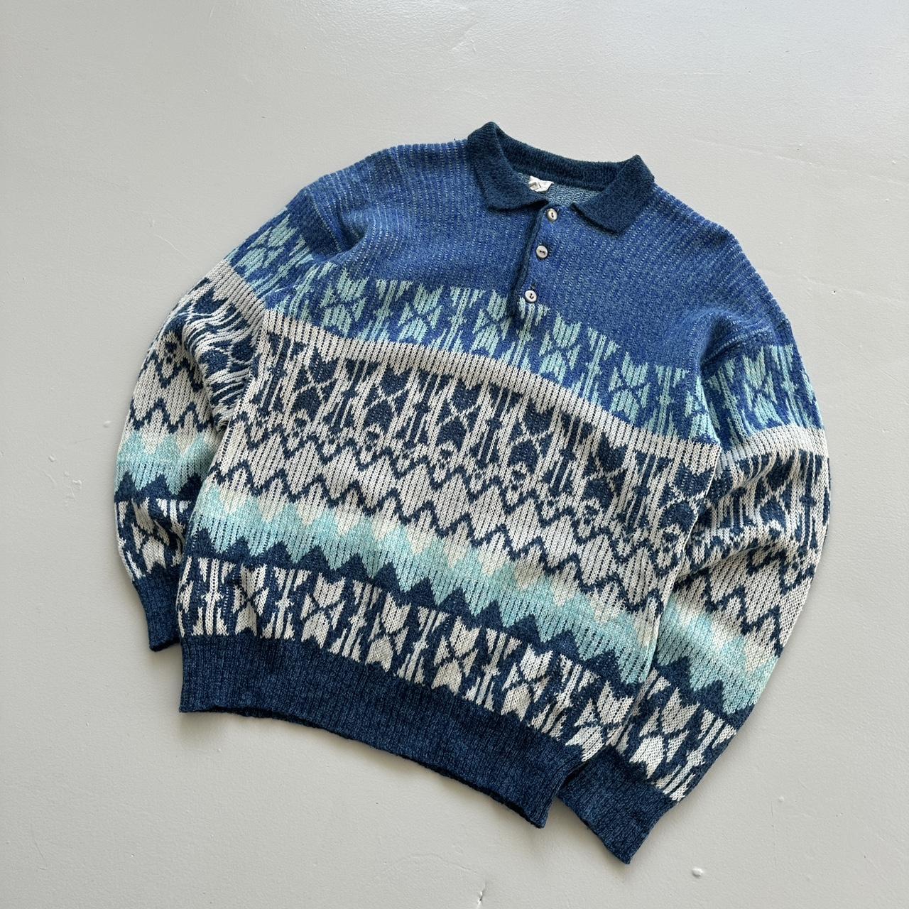 Blue 3D Knit Quarter Collar 90s Knitted Sweatshirt - Large