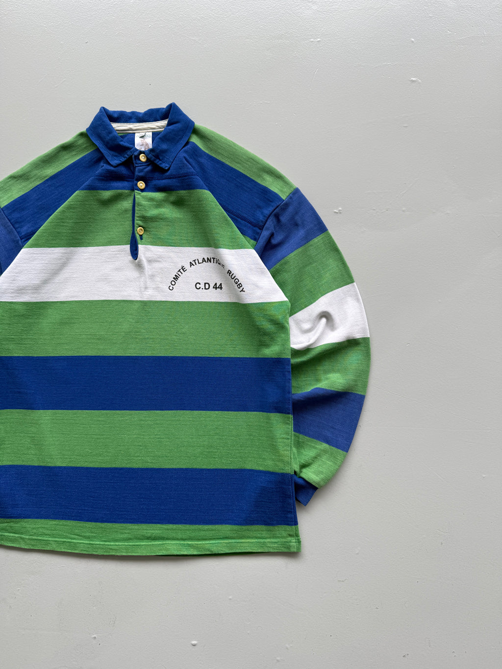 Green Striped French Rugby 90's Vintage Long Sleeve Polo Jersey - Large