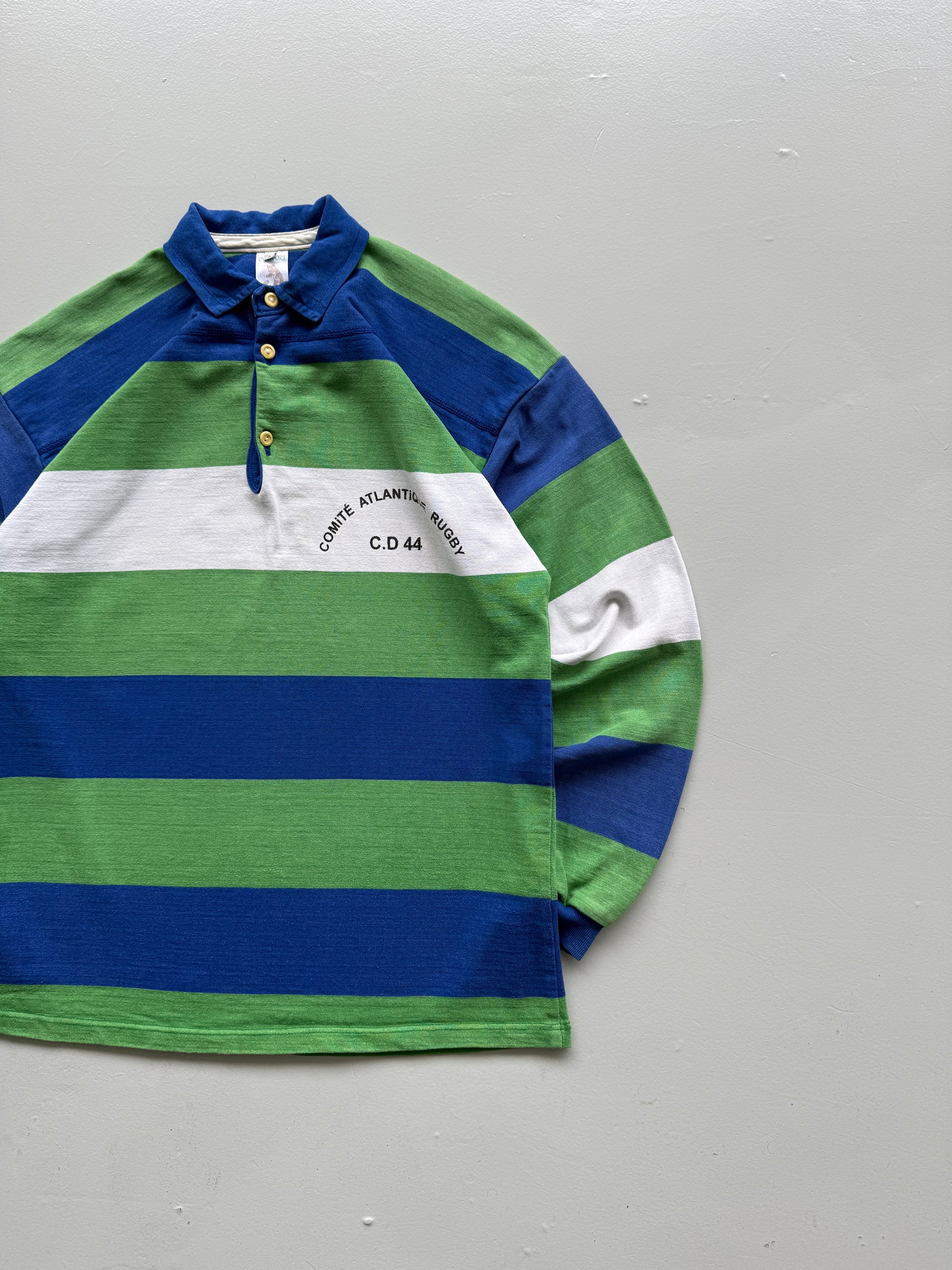 Green Striped French Rugby 90's Vintage Long Sleeve Polo Jersey - Large