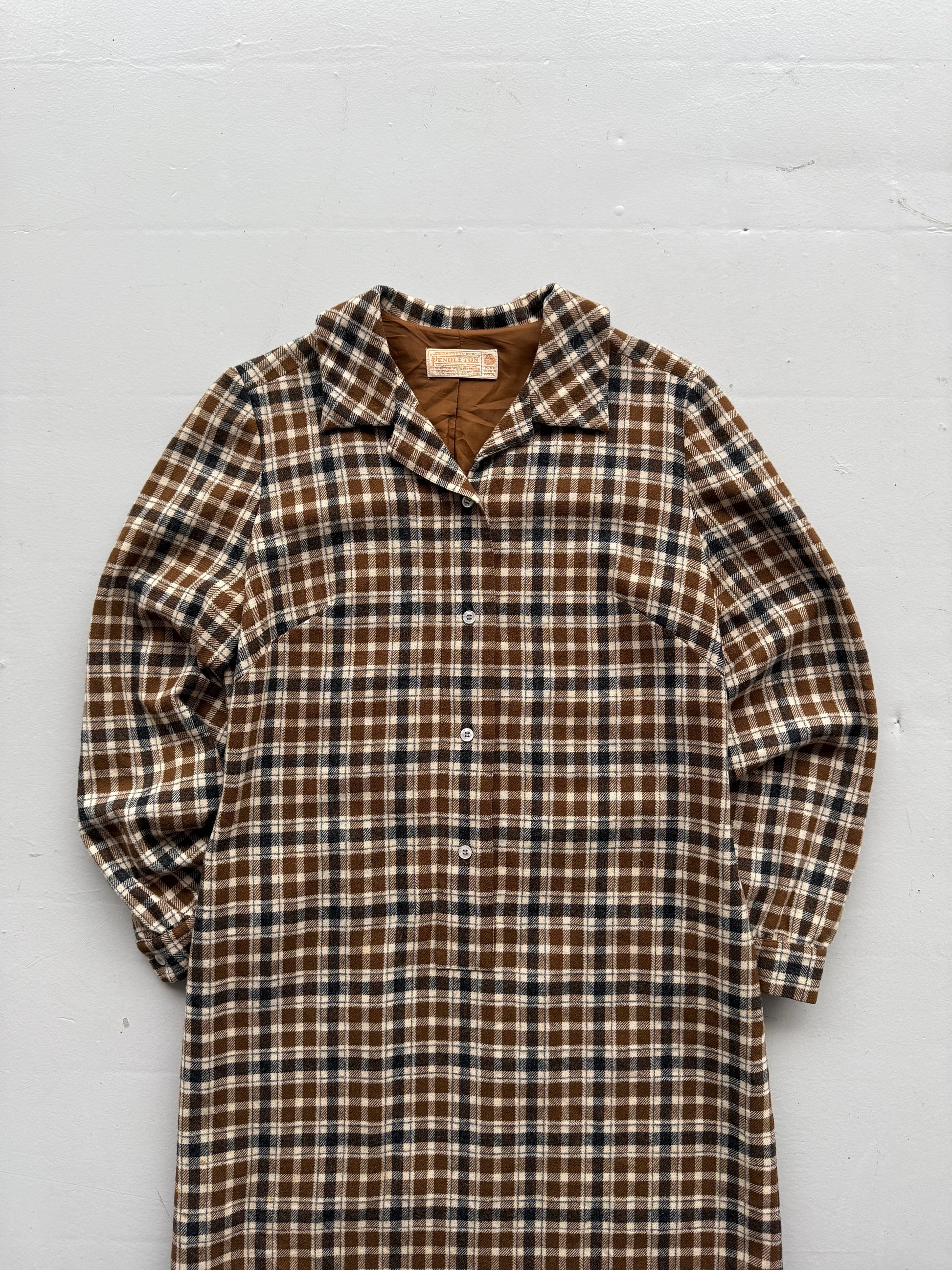 Brown Check Pendleton 80's Vintage Lined Wool Dress - UK 14