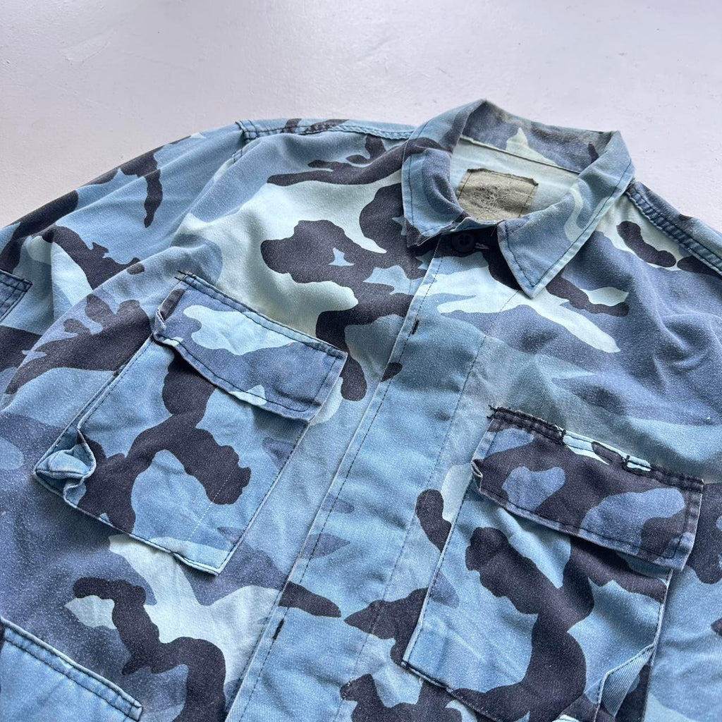 Blue Camouflage 90s Button-Up Military Long Sleeve Over-shirt - Small
