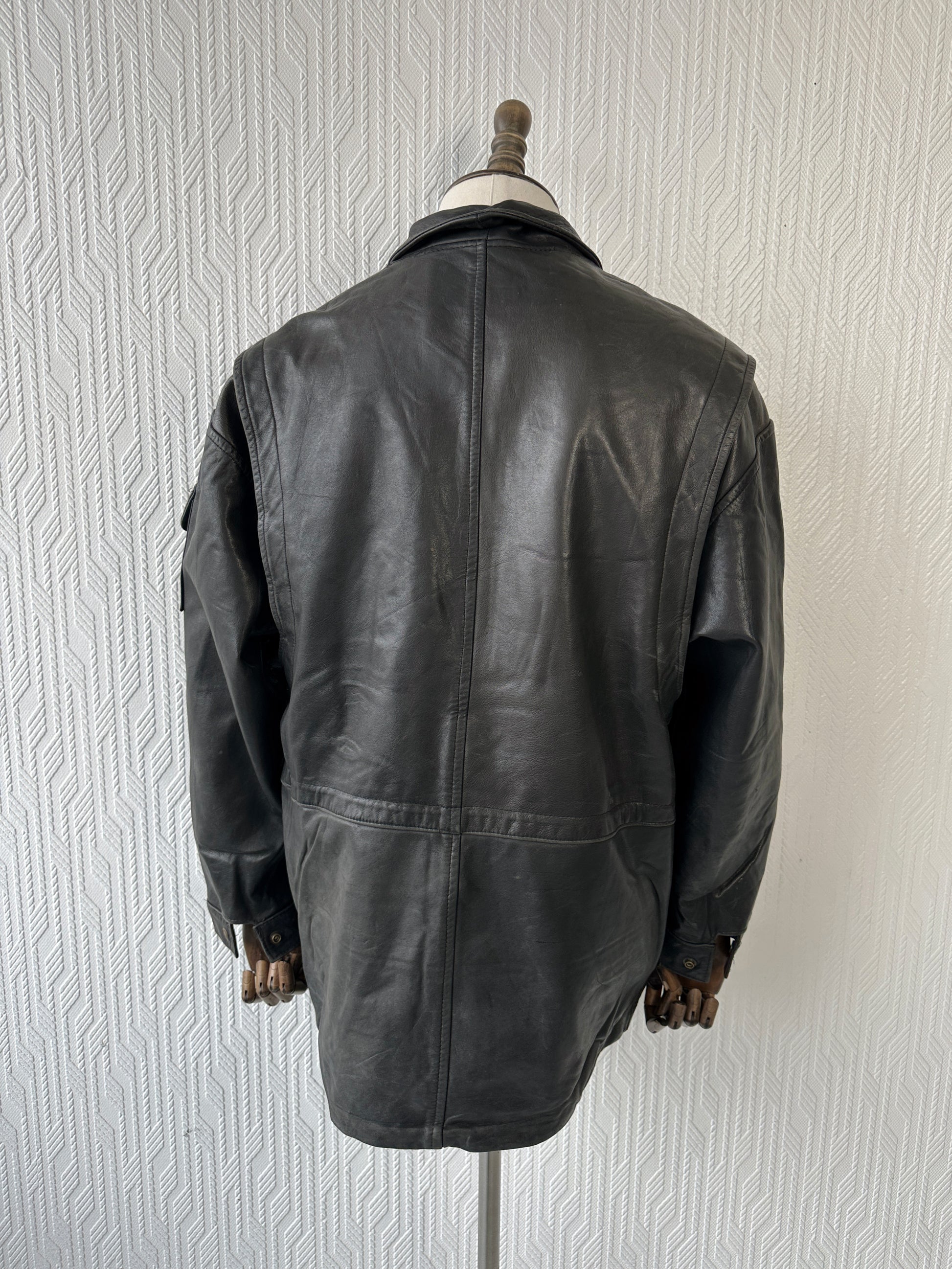 Black Vintage Redskins Leather Jacket 90's Army & Civil B32 - Large