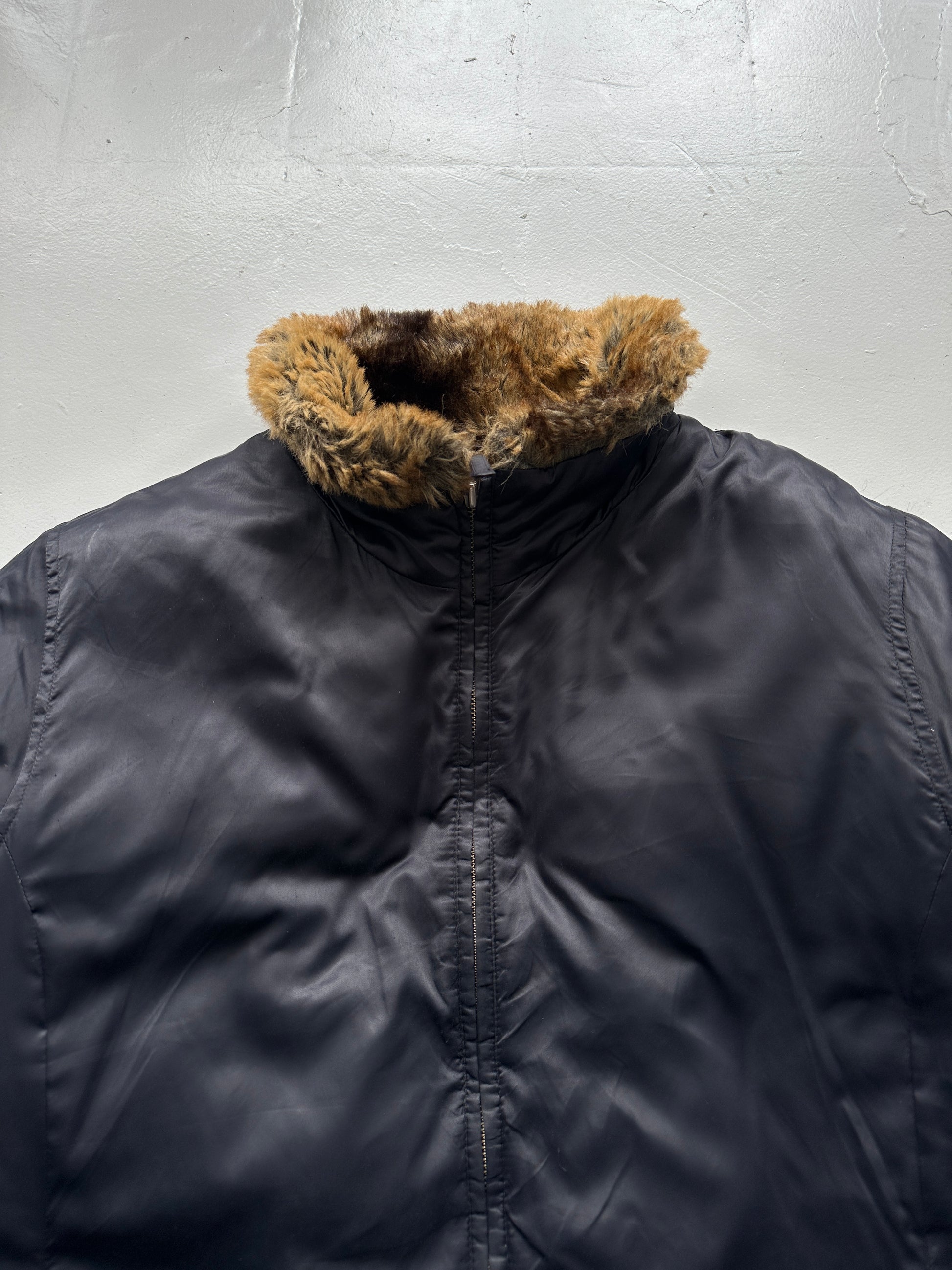 Navy Lands End Vintage 00's Goose Down Faux Fur Puffer - Womens Large 14-16