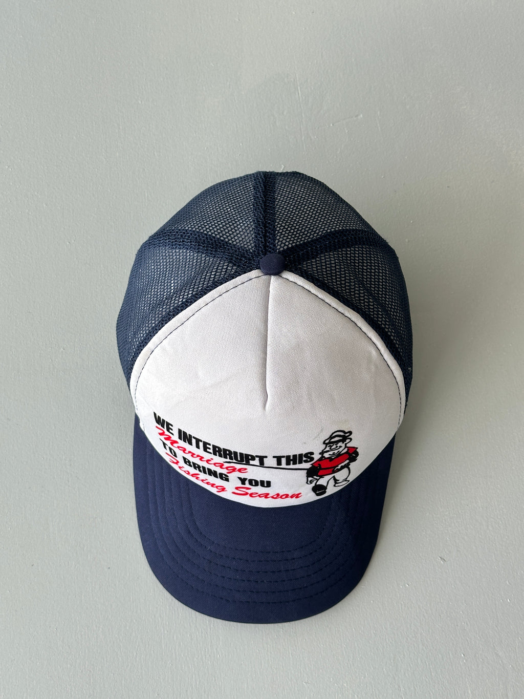 White / Navy Fishing Season 90's Vintage Foam and Mesh SnapBack Trucker Cap
