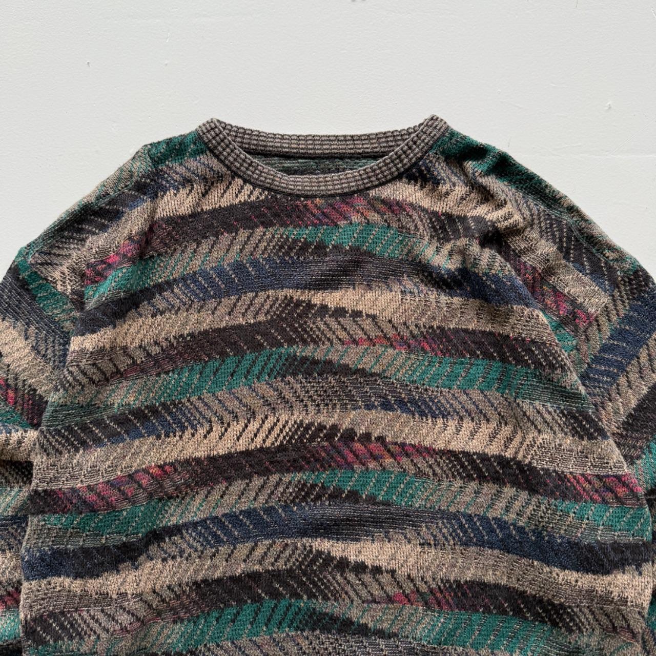 Green Blue Striped Knitted 80s Vintage 3D Knit Jumper - XXL