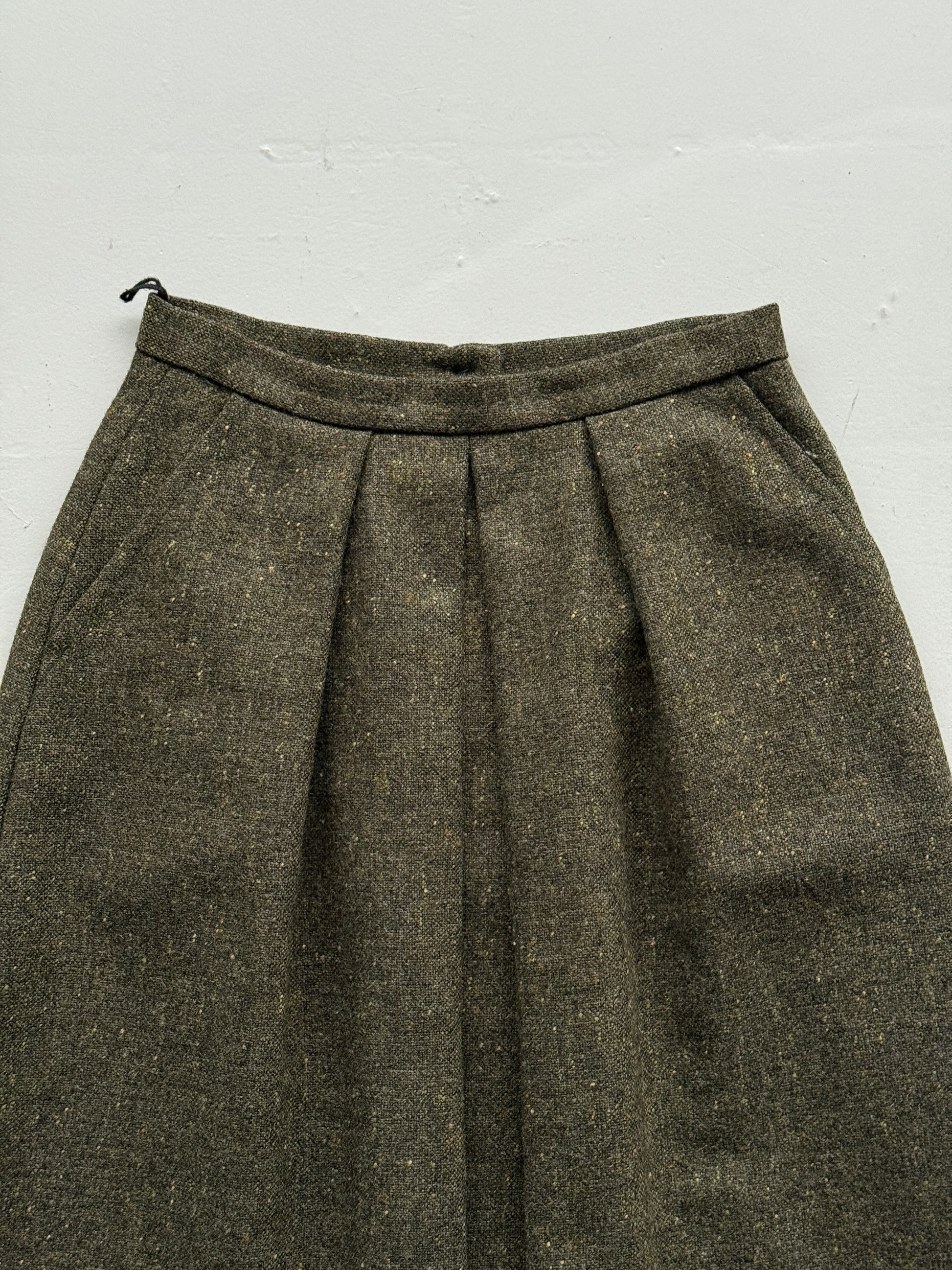 Dark Green Woollen 80's Vintage Midi High Waisted Pleated Pencil Skirt - UK 12