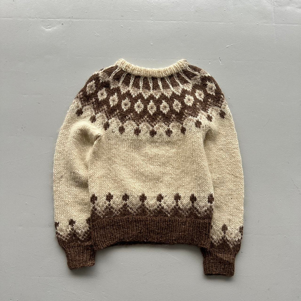 Cream Brown Patterned Hand Knit Vintage Woollen Jumper - Large 10/12